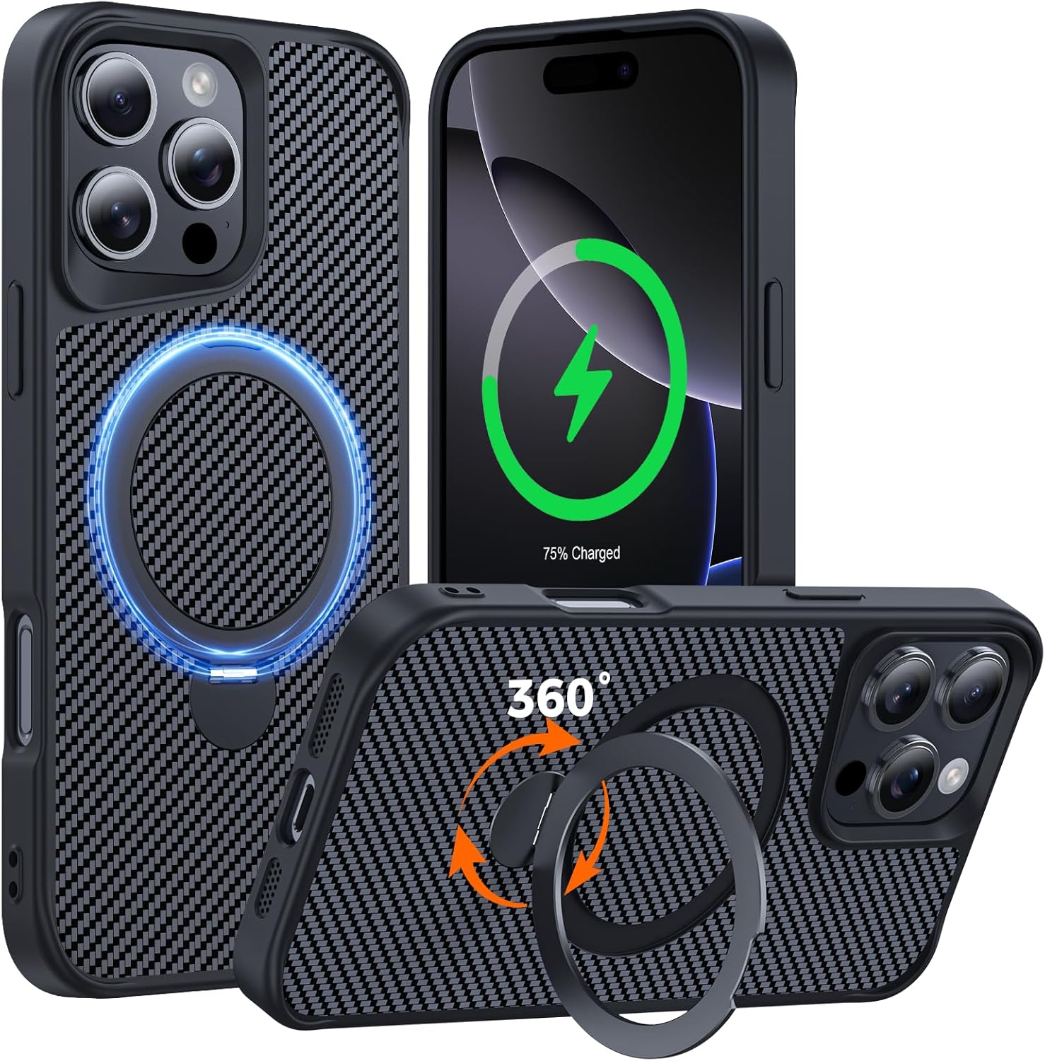 Detalle de Enlafavo 360° Magnetic Stand Case for iPhone 16 Pro Max — Carbon Fiber, 15ft Military Protection
