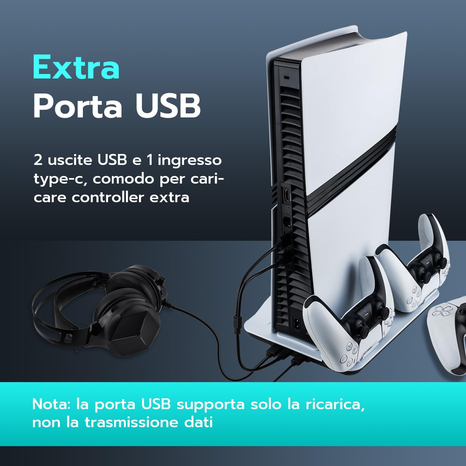 Thumbnail 5 de Tolesum supporto verticale per PS5 Slim/Pro/Disc con ventola e base di ricarica USB per 2 controller