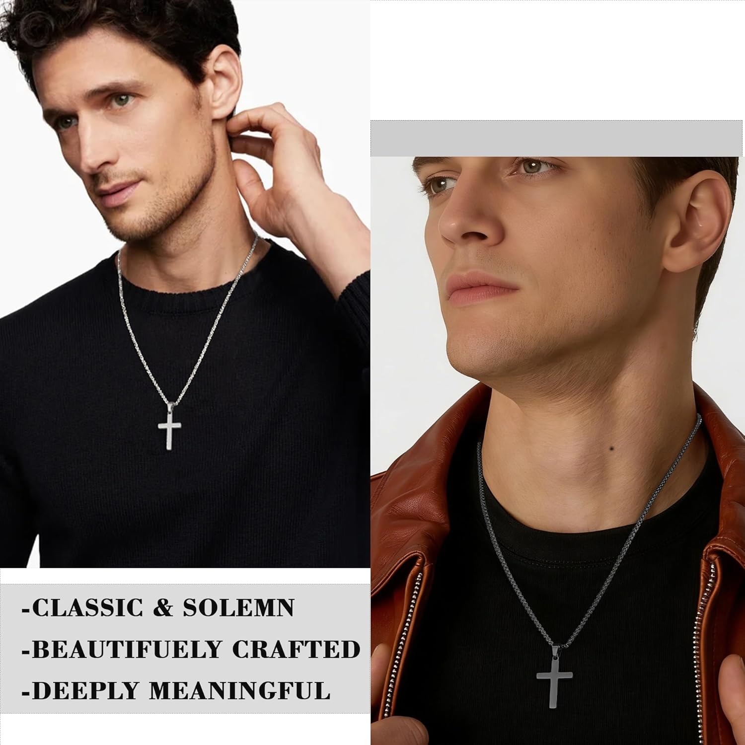 Thumbnail 1 de Esrael 2-Pack 316L Stainless Steel Cross Chain Necklaces (Silver & Black)