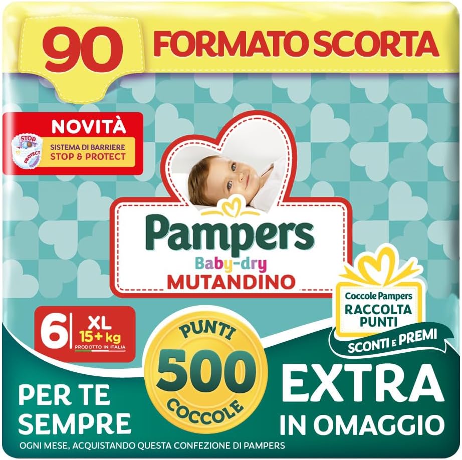 Detalle de Pampers Baby Dry Mutandino XL Taglia 6 (15+ kg) – Formato Scorta con Stop&Protect, 12h di asciutto e Cambio Facile