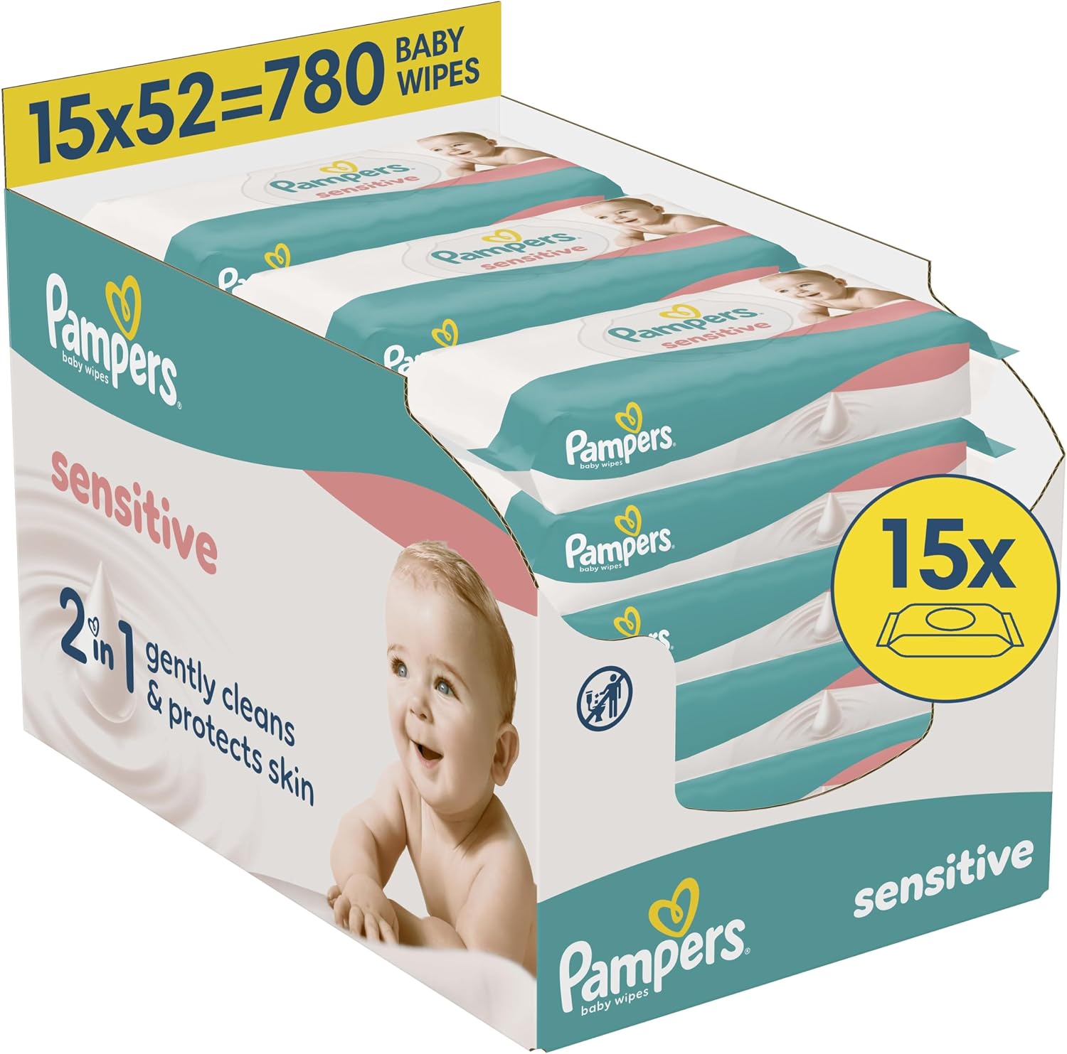 Detalle de Pampers Sensitive Baby Wipes Plastic Free (52 wipes) – 780 Wipes in Total, 2-in-1 Clean & Protect