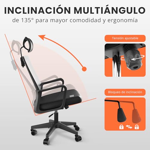 Detalle de JUPPLIES silla de escritorio ergonómica ajustable y reclinable con soporte lumbar, reposacabezas y malla transpirable (hasta 120 kg, negro)