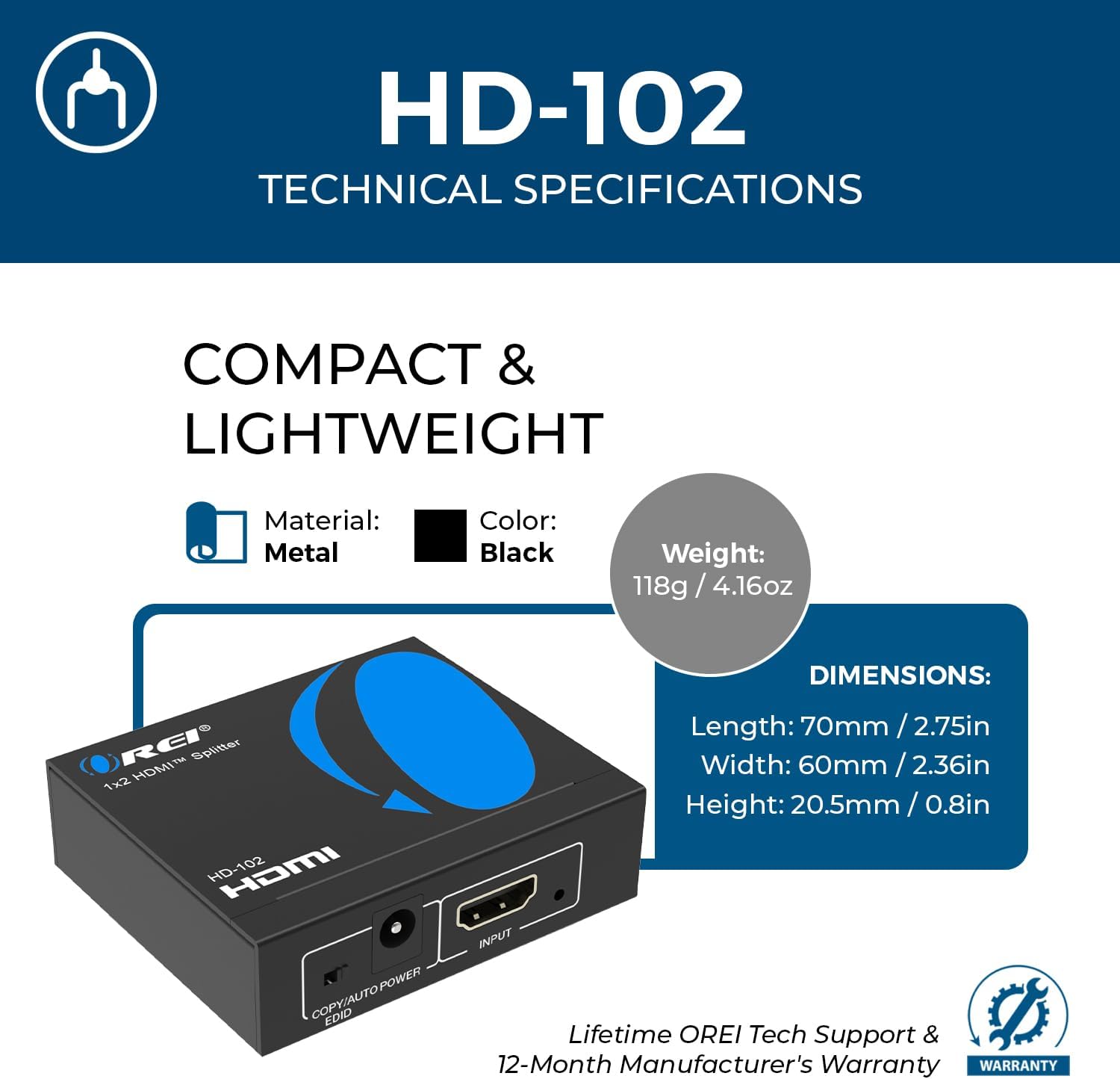 Thumbnail 6 de OREI HDMI Splitter 1 in 2 Out 4K (1x2) – Mirror/Duplicate, Powered, USB Cable Included