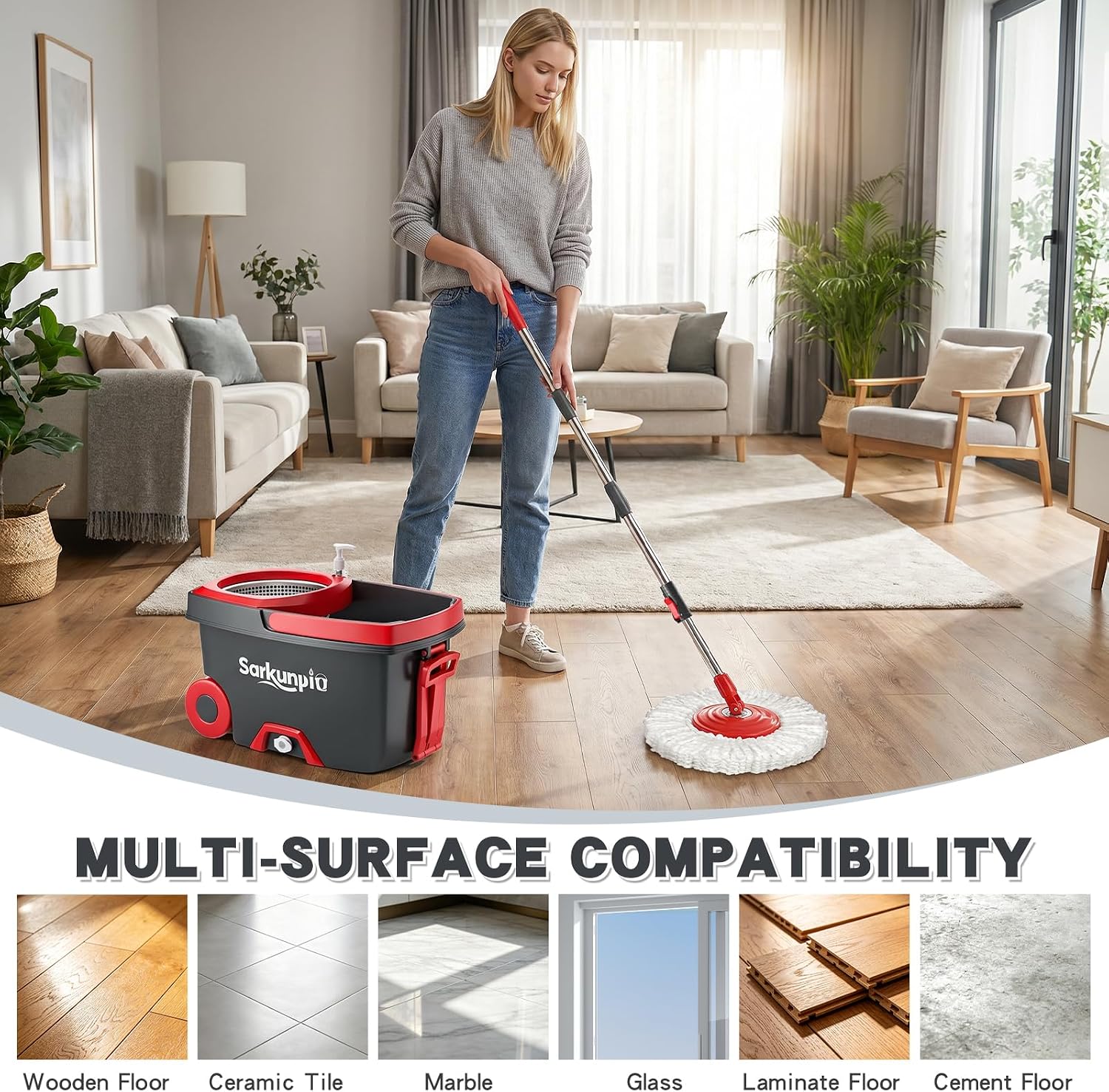 Thumbnail 6 de Sarkunpio Mop and Bucket Set with Wringer: 61-Inch Spin Mop System with 6 Microfiber Heads