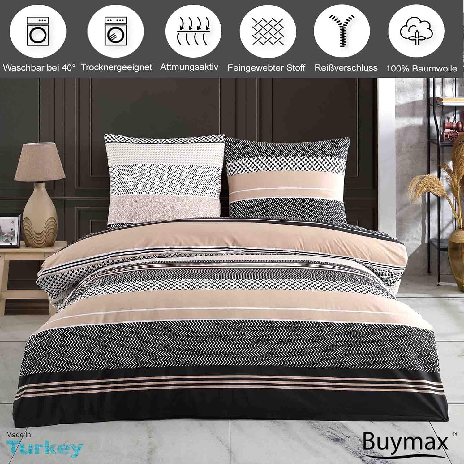 Thumbnail 1 de Buymax Bettwäsche 200x200 cm aus 100% Baumwolle, 3-teilig (Bettbezug + 2 Kissenbezüge 80x80) mit Reißverschluss