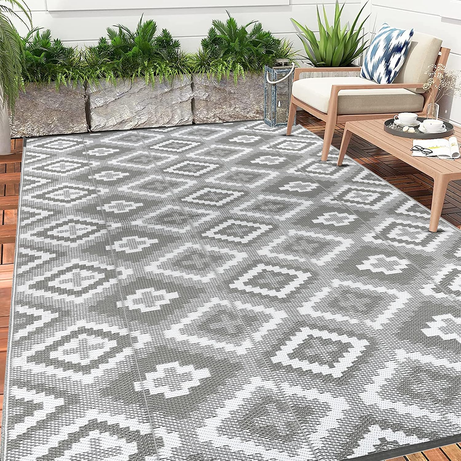 Detalle de Enyhom Outdoor Teppich wetterfest 180 x 270 cm – wendbare Terrassenmatte aus recyceltem Polypropylen