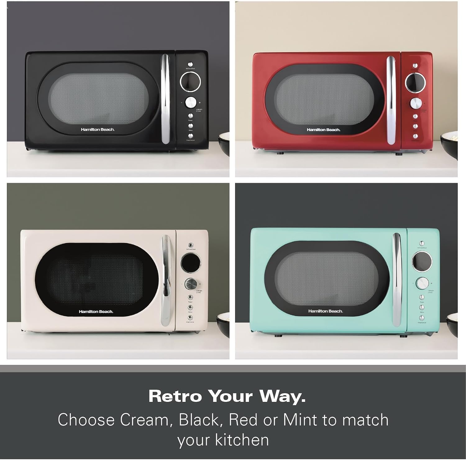 Detalle de Hamilton Beach 20L Retro Microwave HB70H20C, Cream – compact, 8 presets and 700W