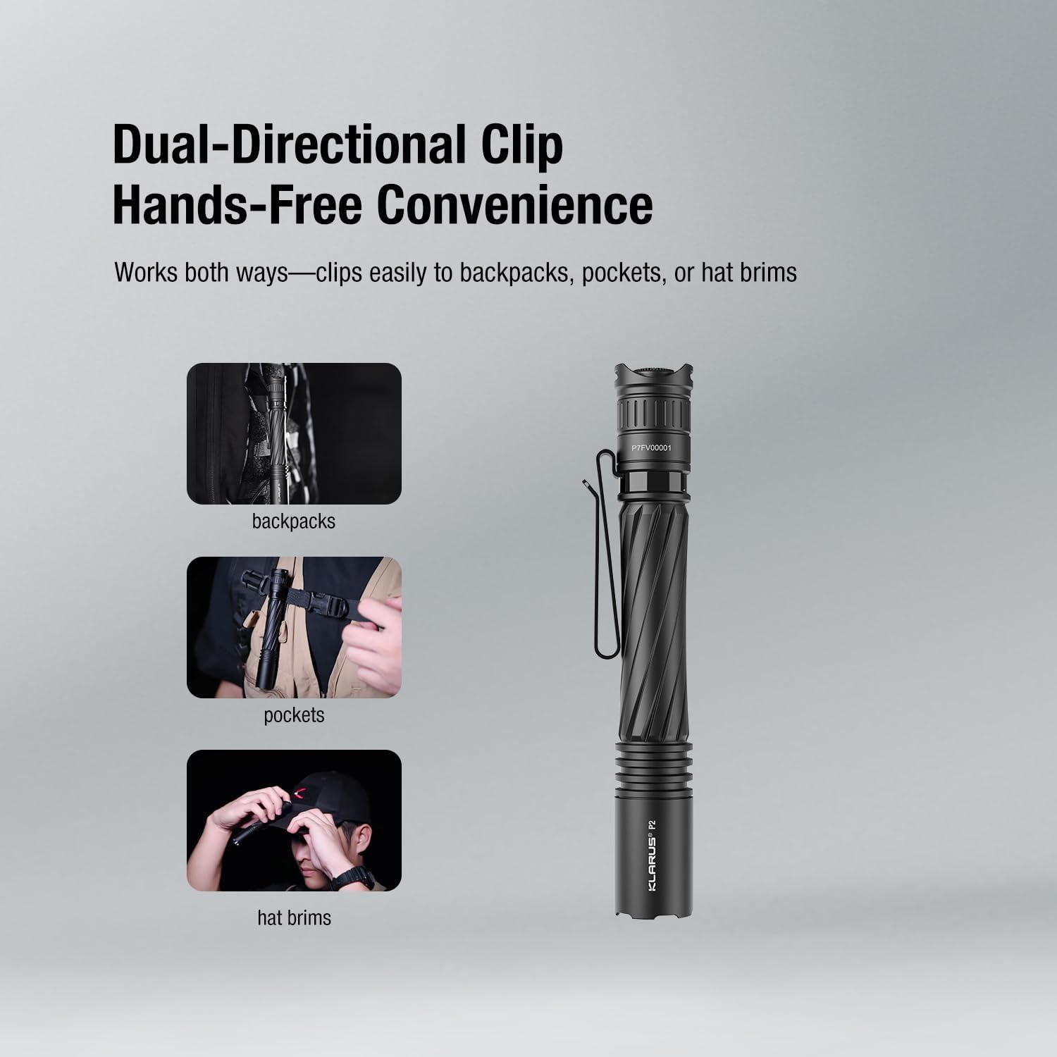Detalle de Klarus P2 lampe stylo EDC 1 000 lumens, portée 270 m, IPX8 (USB-C recharge ou piles AA)