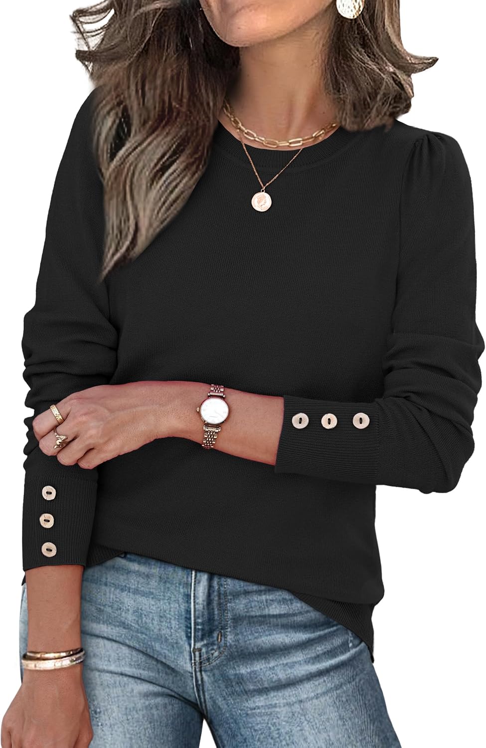 Detalle de XIEERDUO Women's Knit Pullover Sweater with Long Sleeves and Button Cuffs