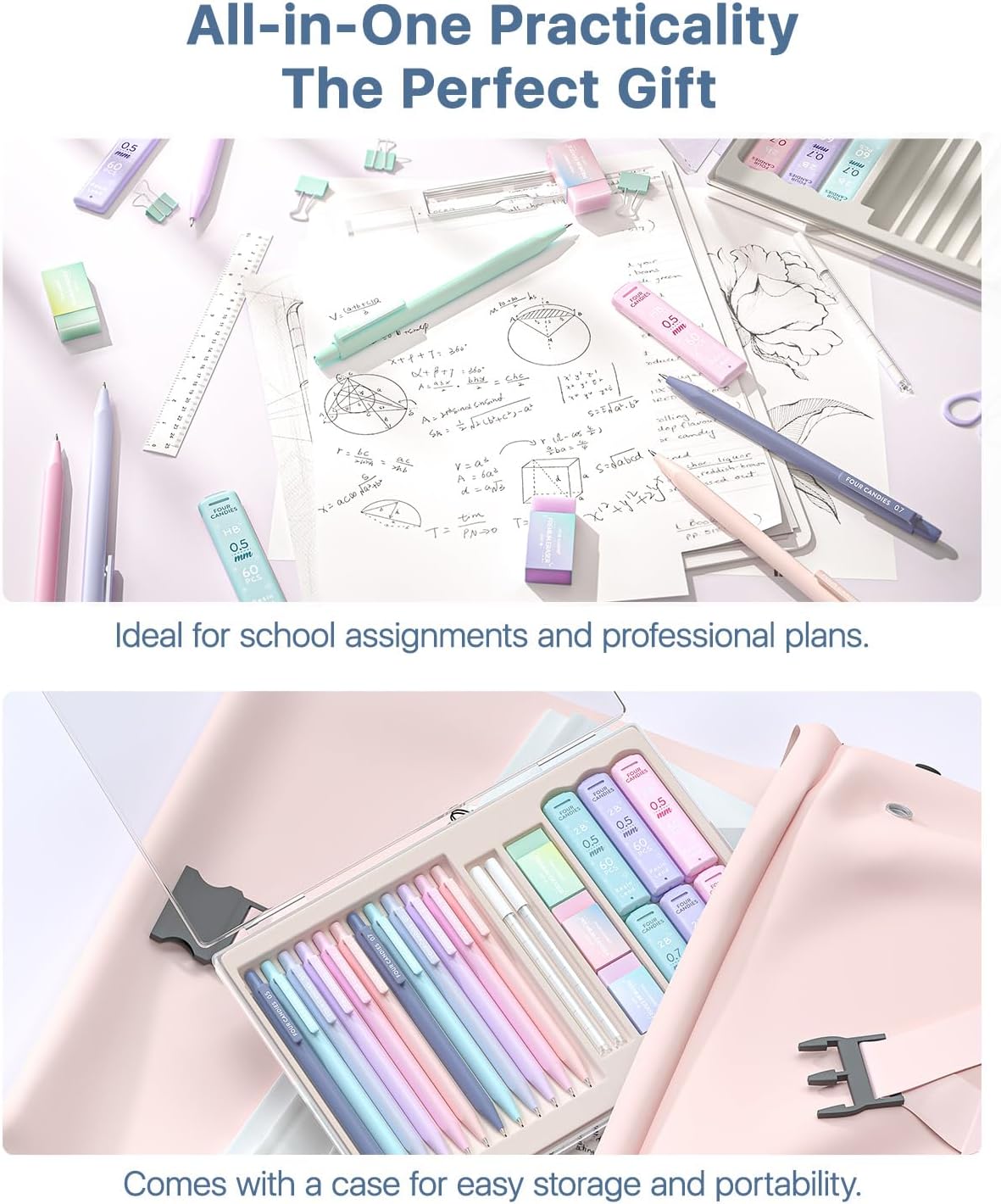 Detalle de Four Candies mechanical pencil set (0.5 & 0.7mm, HB & 2B) with pastel erasers and refills – 29-count in a case