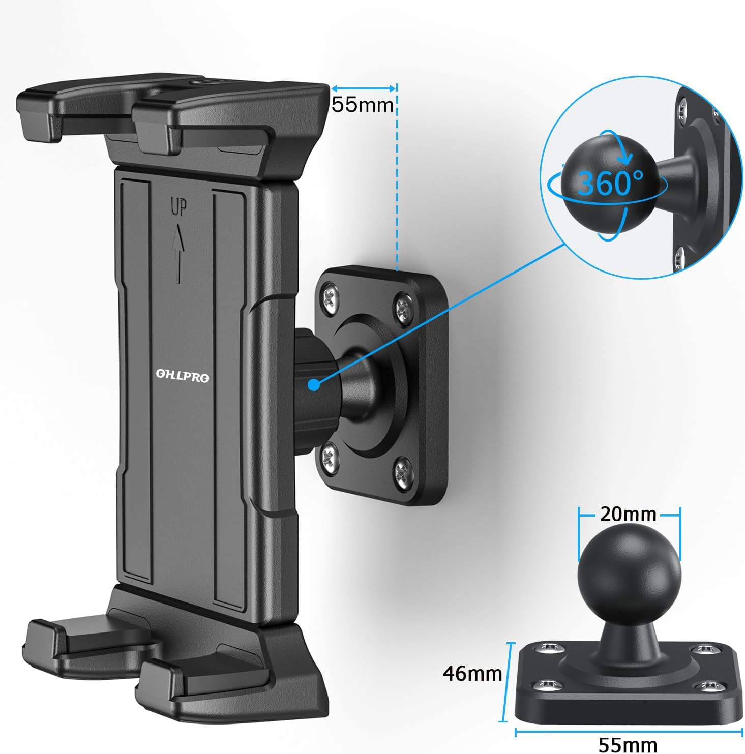Thumbnail 4 de OHLPRO Tablet-Wandhalterung mit 360° Drehung und erweiterbarem Clip (für 4,7–13" Geräte)
