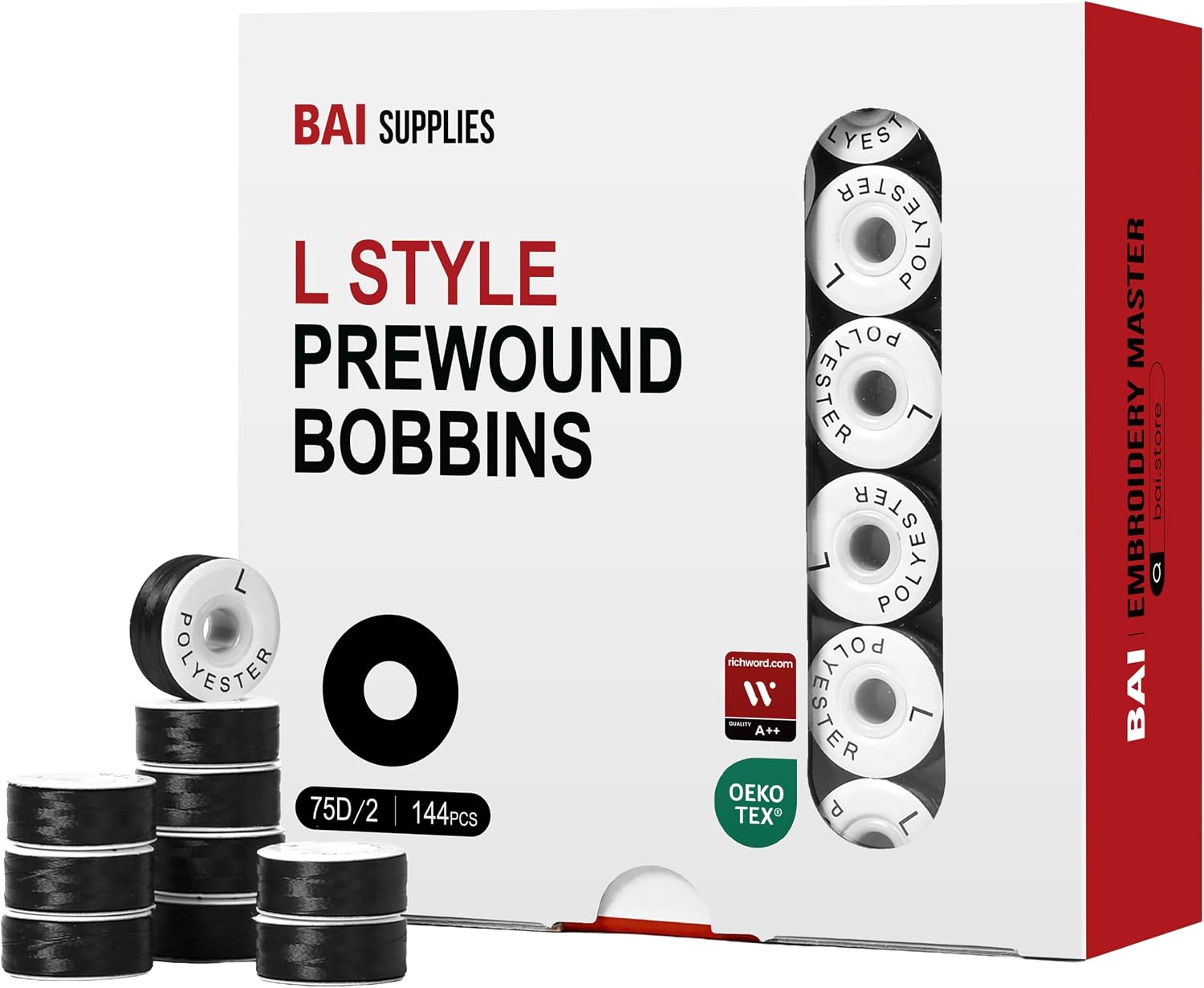 Detalle de BAI SA155 Style L Prewound Embroidery Bobbins, 75D/2 Black Thread