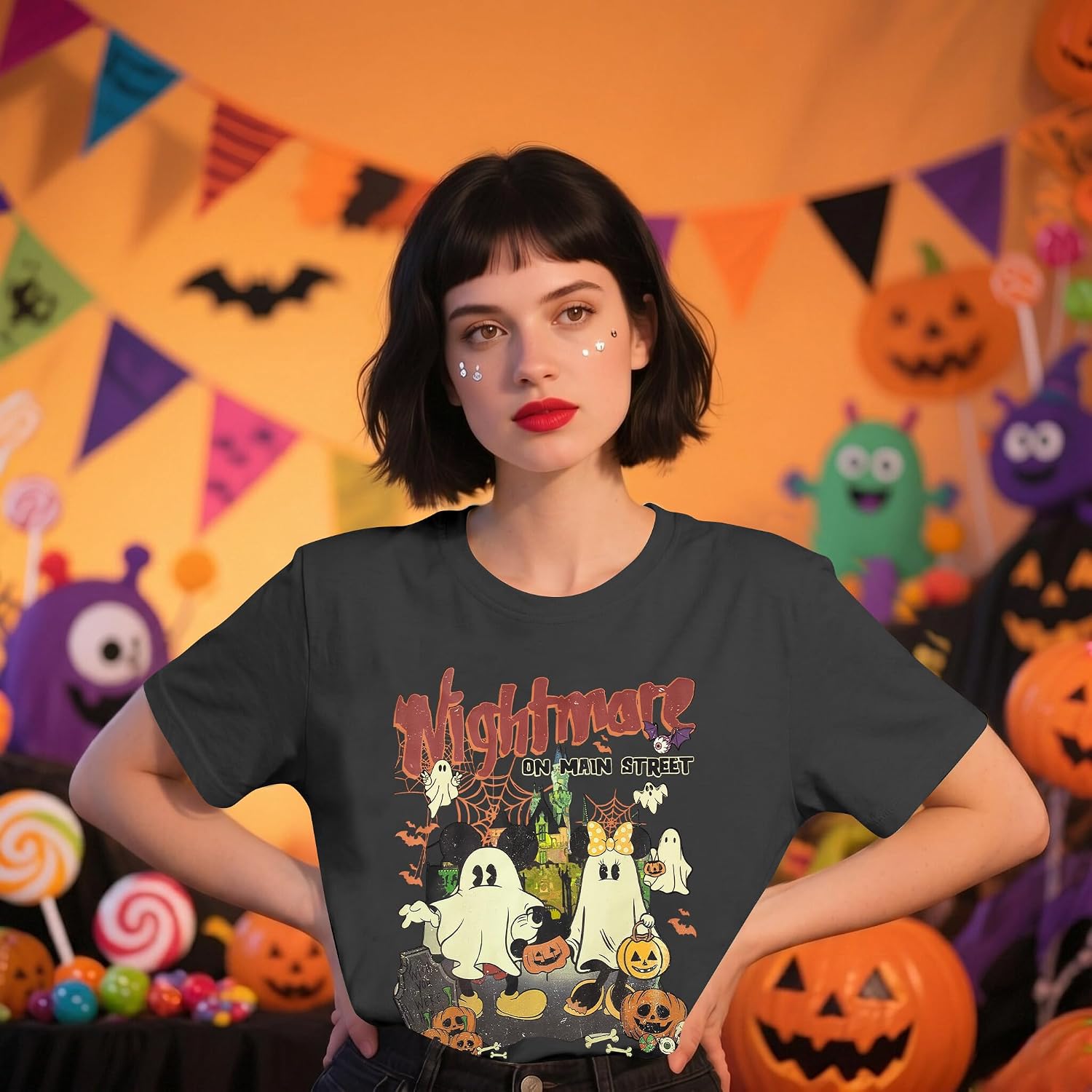 Detalle 2 de DUTUT Halloween T-Shirt for Women, Short-Sleeve Pumpkin and Ghost Graphic Tee