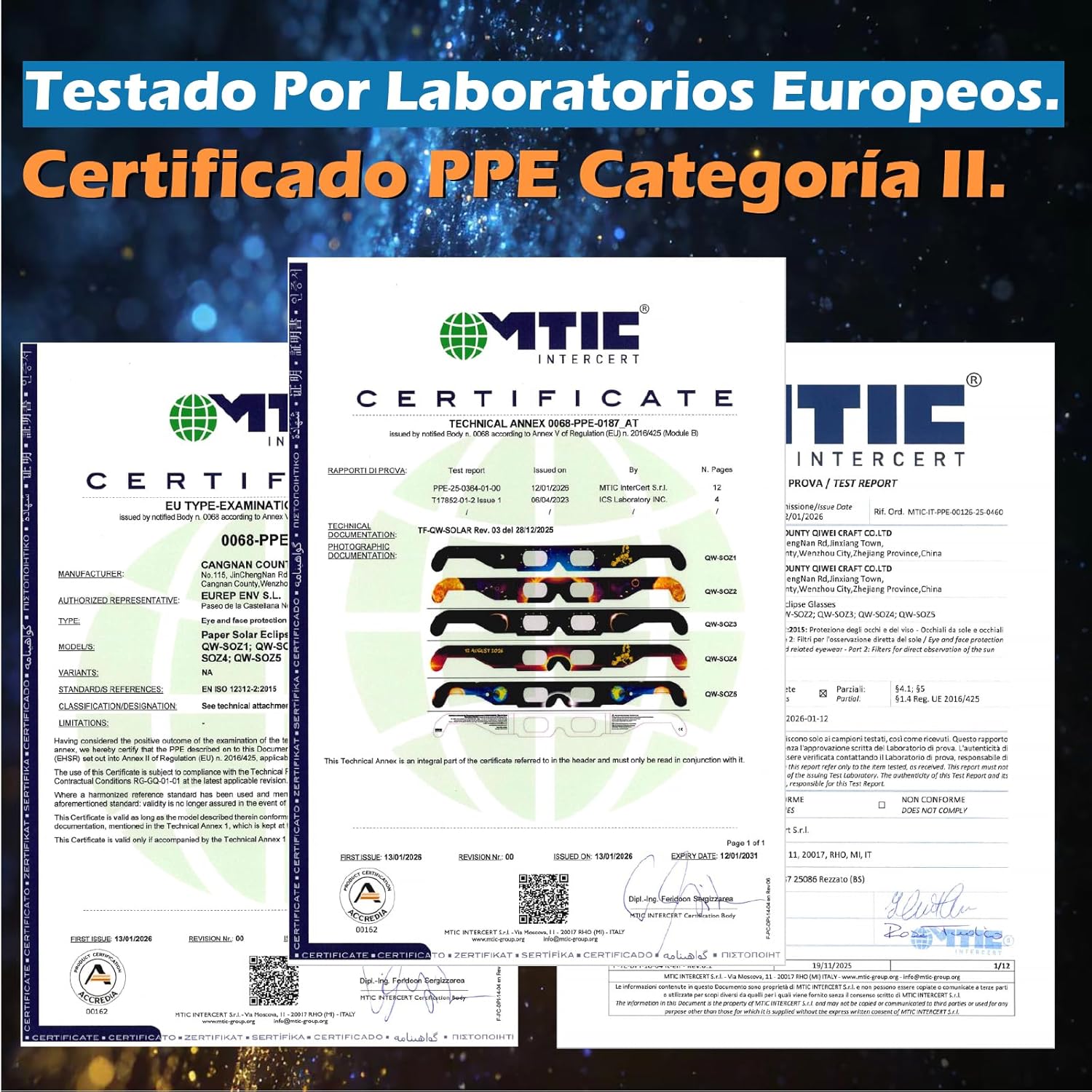 Detalle de QIWEI gafas eclipse solar homologadas QW-SOZ3 (pack de 4) EN ISO 12312-2