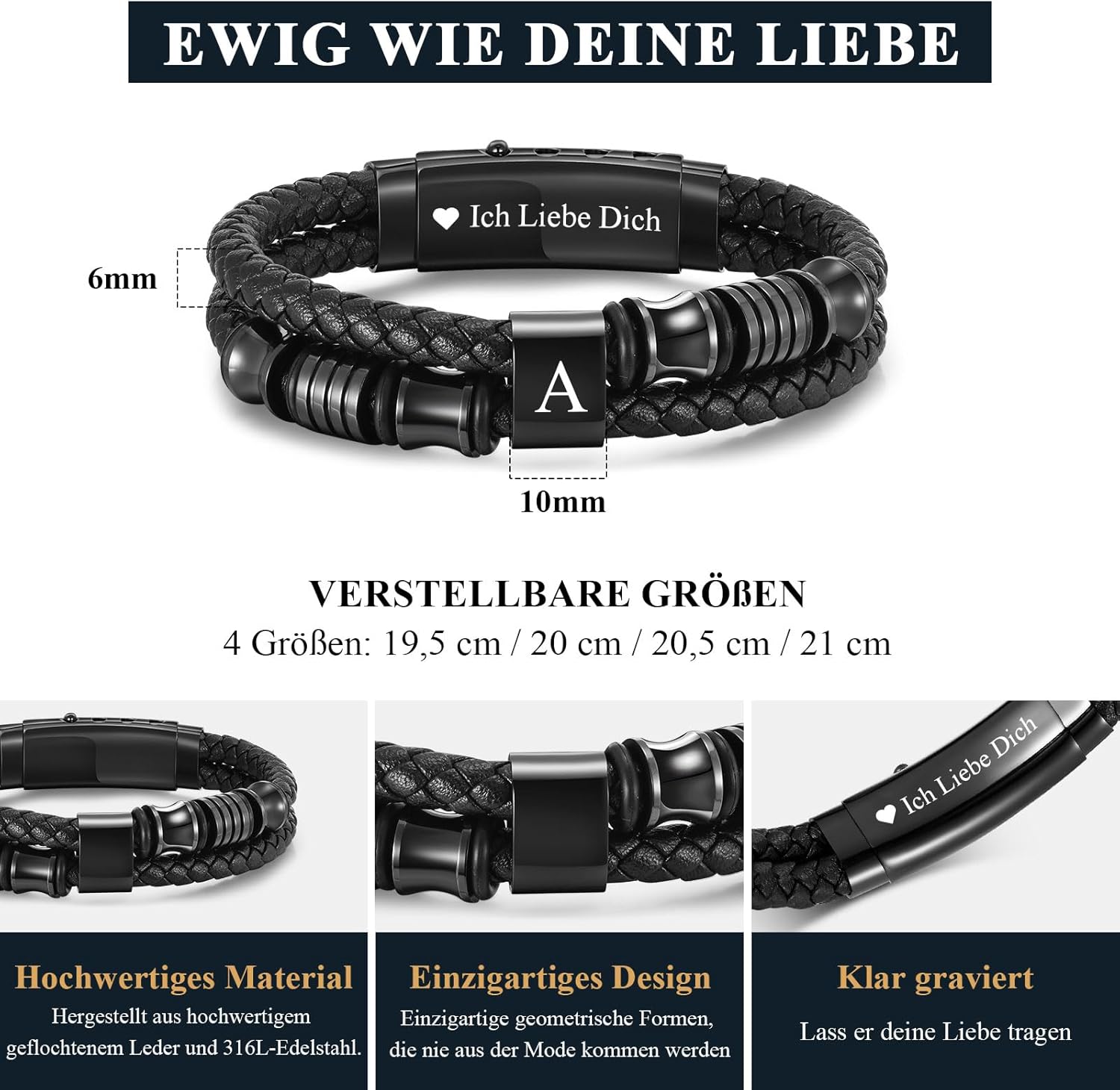 Thumbnail 3 de Herren Lederarmband mit Buchstaben (A–Z) und Gravur, schwarz – personalisiertes Armband aus Edelstahl & Leder
