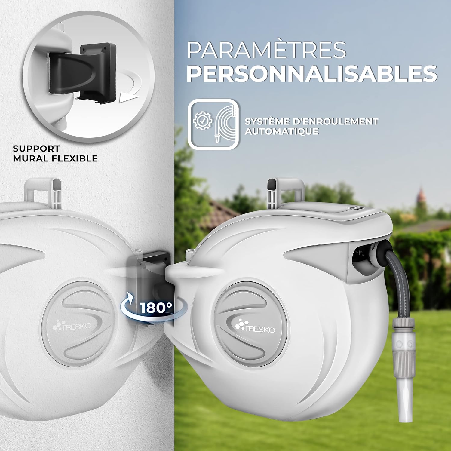 Thumbnail 2 de TRESKO enrouleur de tuyau d’arrosage mural 30 m en PVC – pivotant 180° avec enroulement automatique