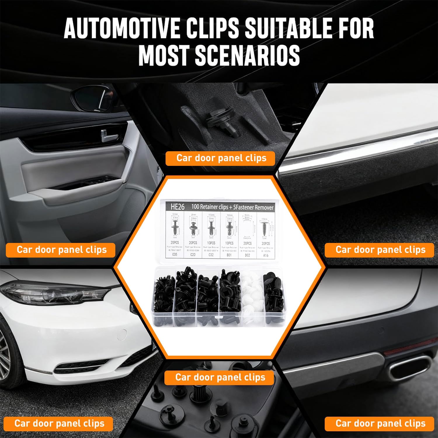 Detalle de 100pcs Car Trim Clips Kit (6 Types) with Trim Removal Tools – Nylon Push Retainer Fasteners for Door, Fender & More
