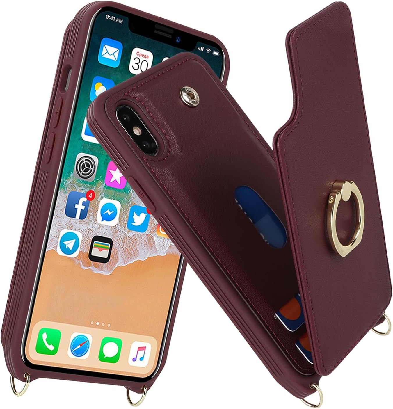 Detalle 2 de Cavor iPhone XS Max Wallet Case in Wine Red with Card Slots and Crossbody Strap