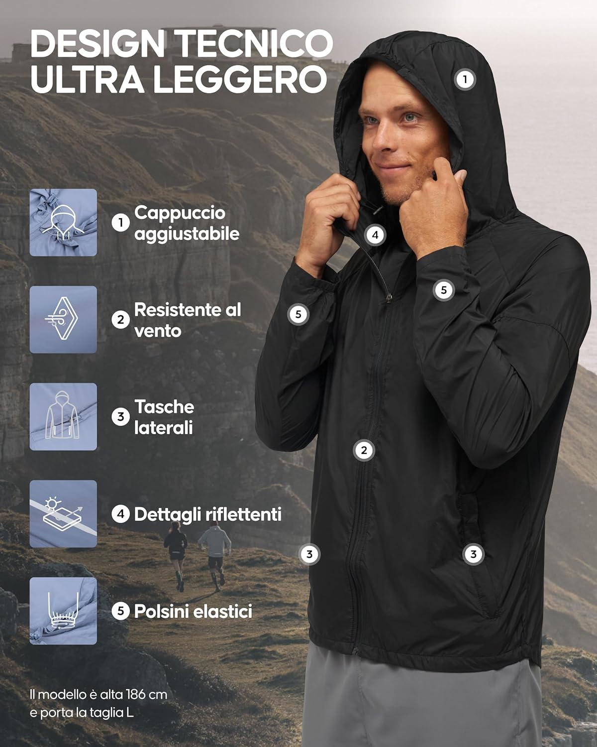 Thumbnail 1 de DANISH ENDURANCE Giacca a Vento Uomo: leggera, traspirante e antivento per running, trekking e ciclismo