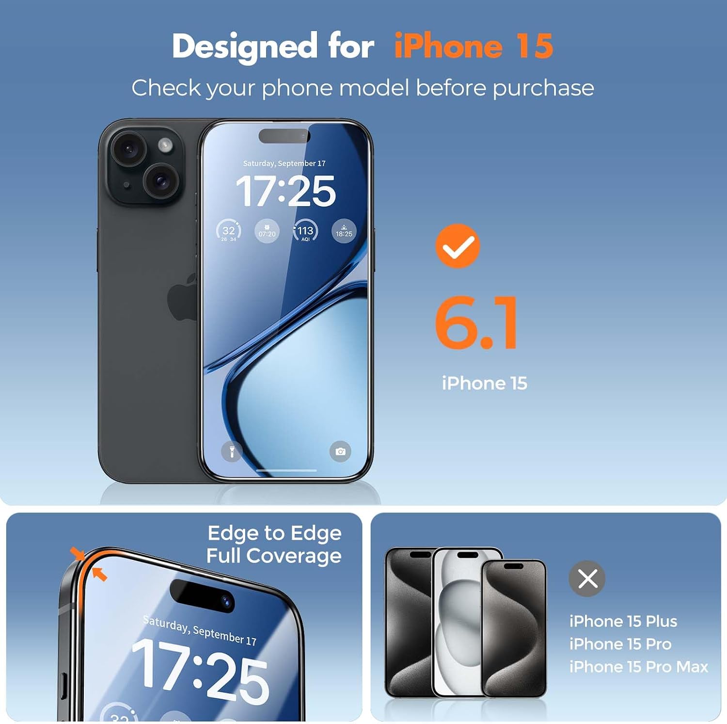 Detalle de UNBREAKcable 3-Pack Screen Protector for iPhone 15 (6.1”) – Double Shatterproof Tempered Glass, Easy Installation Frame, 99.9% HD Clarity