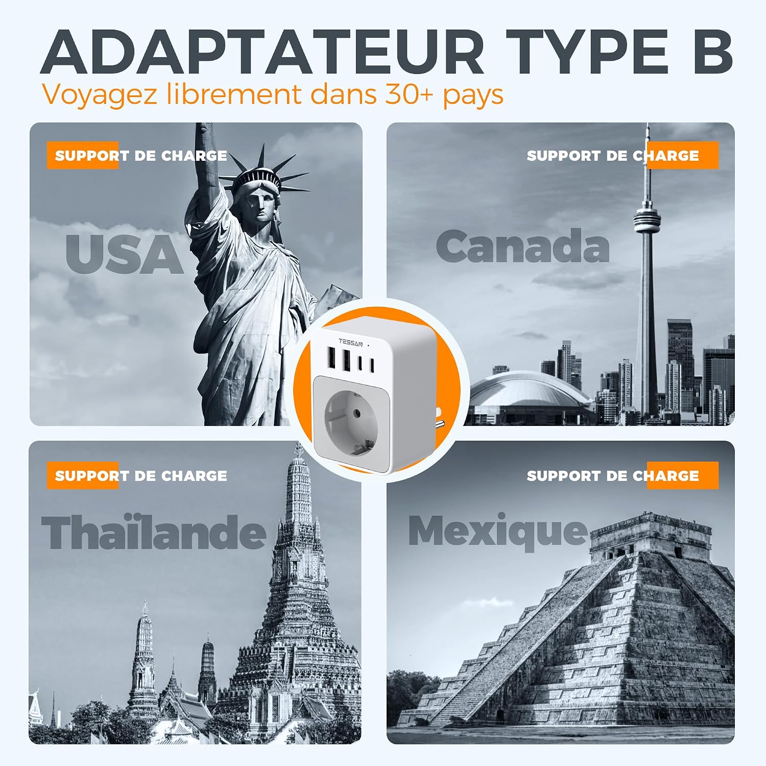 Detalle de TESSAN Adaptateur prise USA 5 en 1 avec 2 USB-C et 2 USB-A (Type B) — charge rapide 20W