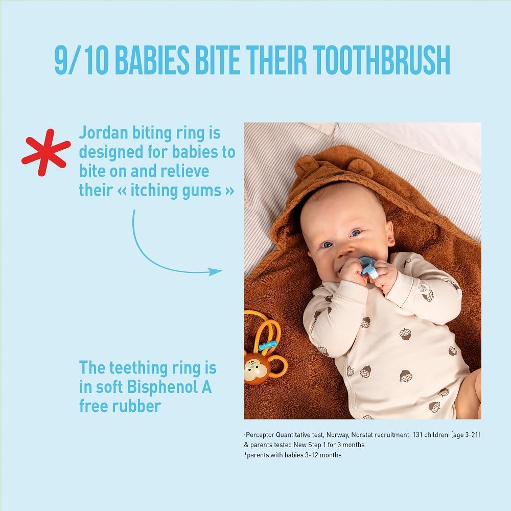 Detalle de Jordan Step 1 Baby Toothbrush | Pack of 4 with Extra Soft Bristles and Gentle Biting Ring