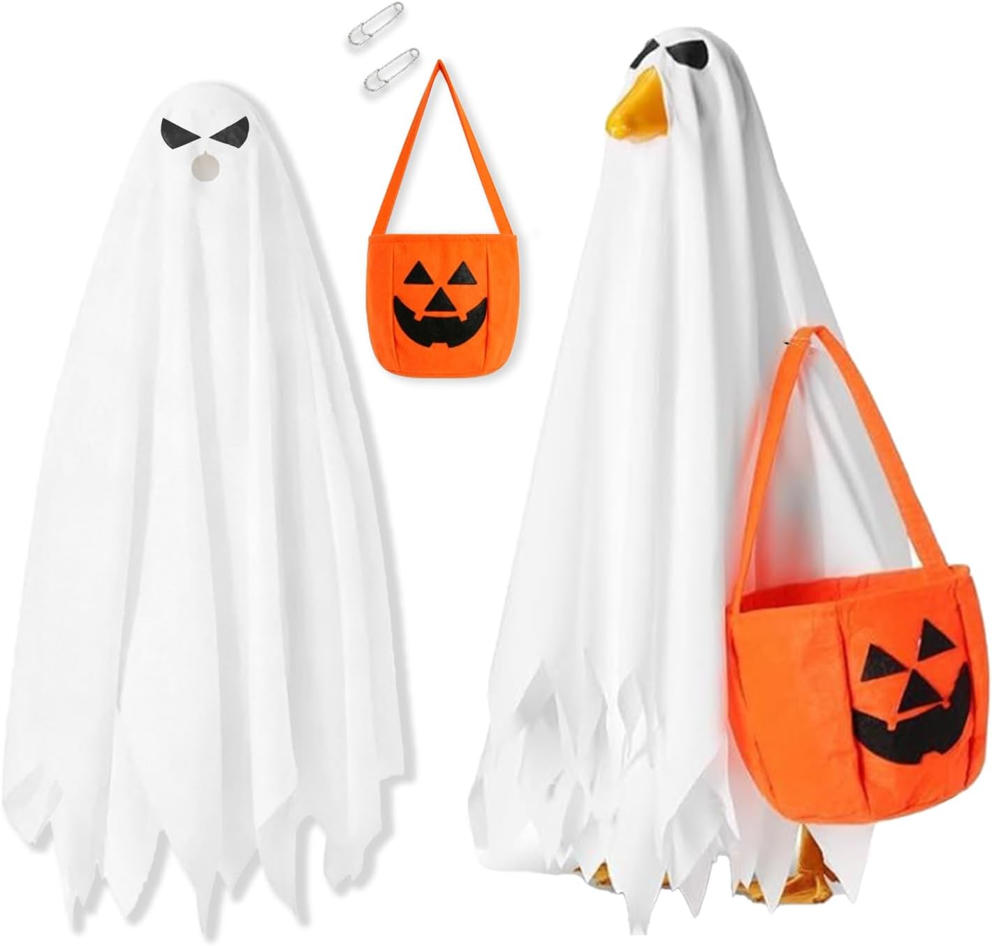 Detalle de MEQUER Halloween Ghost Costume for 23-Inch Goose Statue with Pumpkin Bag