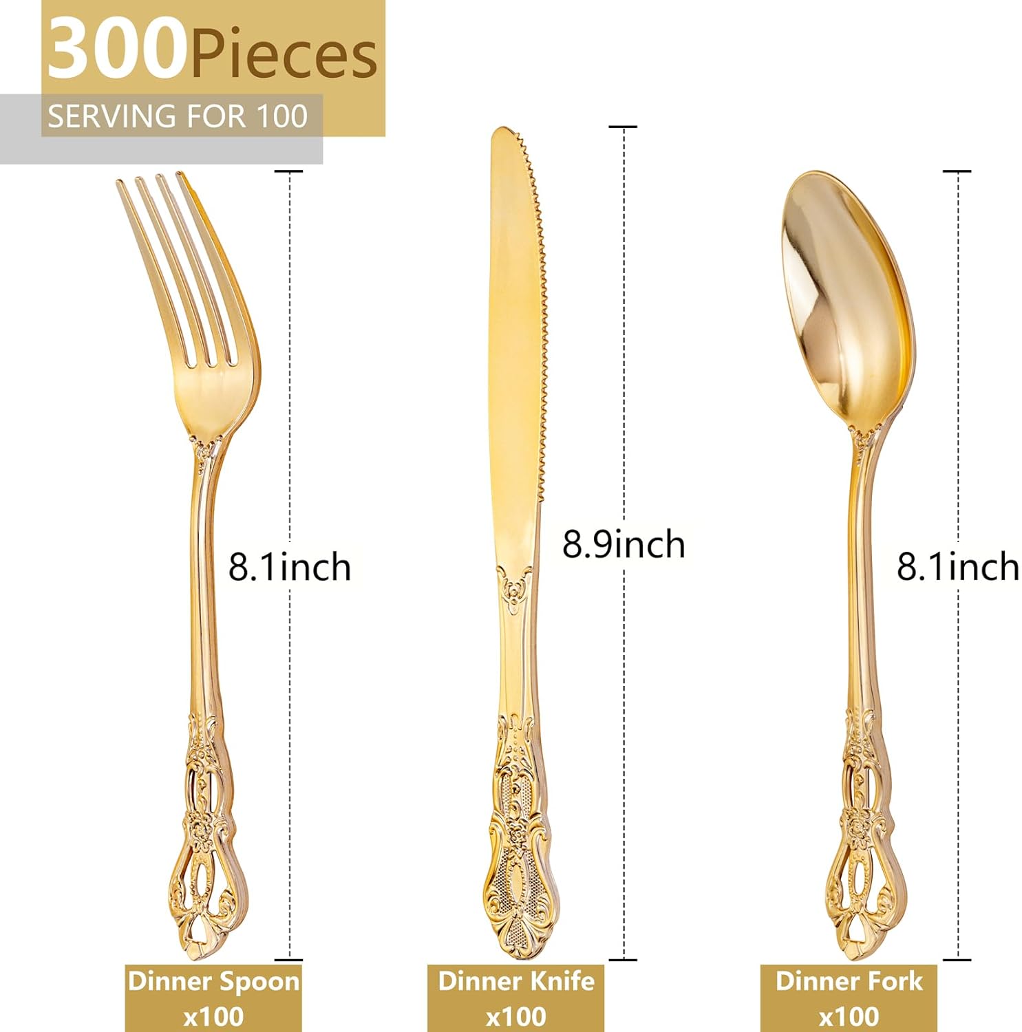 Detalle 2 de Joyido 300Pieces Gold Plastic Silverware Set (100 forks, 100 spoons, 100 knives) – Heavy-Duty, Vintage Gold Disposable Cutlery for Dinner Parties