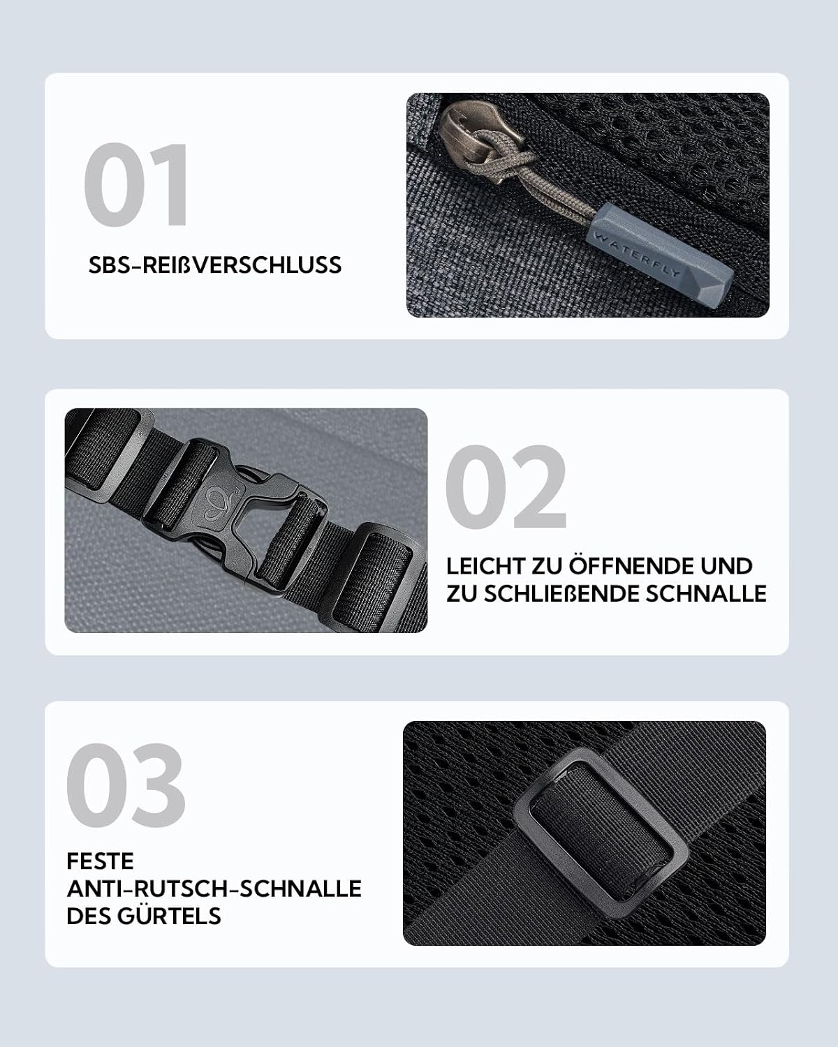 Thumbnail 3 de WATERFLY Bauchtasche / Hüfttasche für Damen & Herren – kleine Gürteltasche Sport, dunkelgrau, mit Verlängerungsgurt