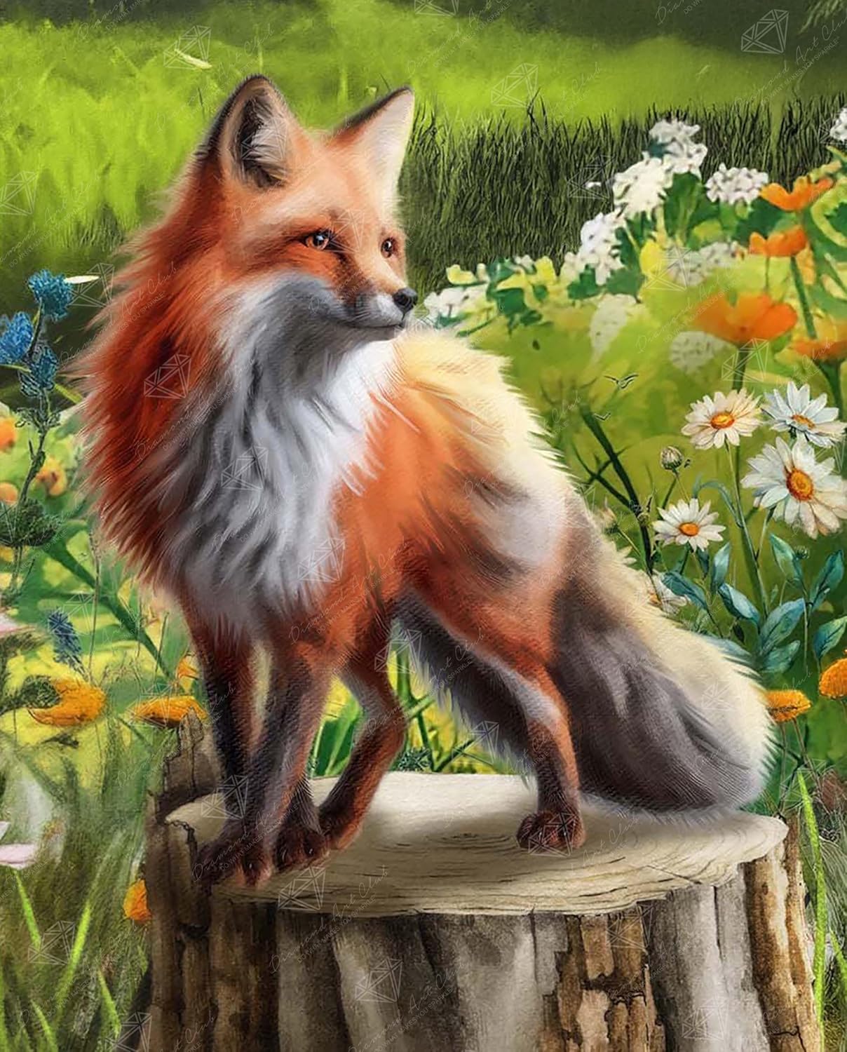 Detalle de DIAMOND ART CLUB Foxie Among the Flowers ダイヤモンドアートキット、52色・スクエアビーズ