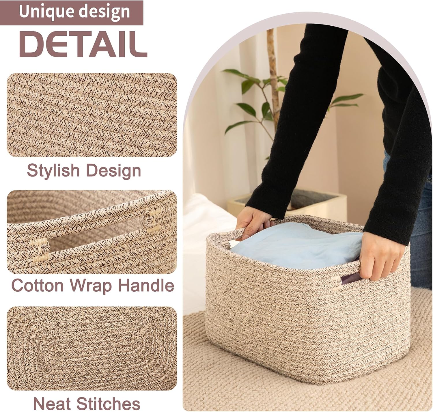 Detalle de OIAHOMY 4-Pack Cotton Rope Storage Baskets, Brown, 17.7 x 13 x 7.8 Inches