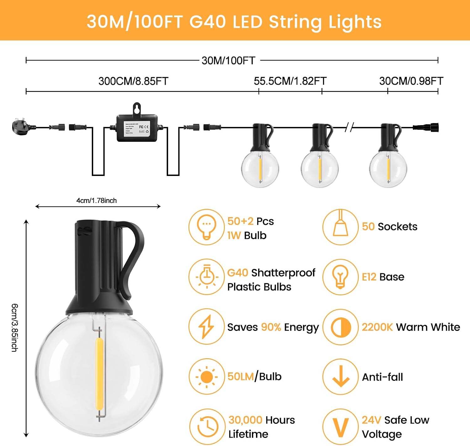 Thumbnail 1 de Pogestrand G40 15M Festoon Lights with Remote Control (24V, 25 Bulbs) for Outdoors