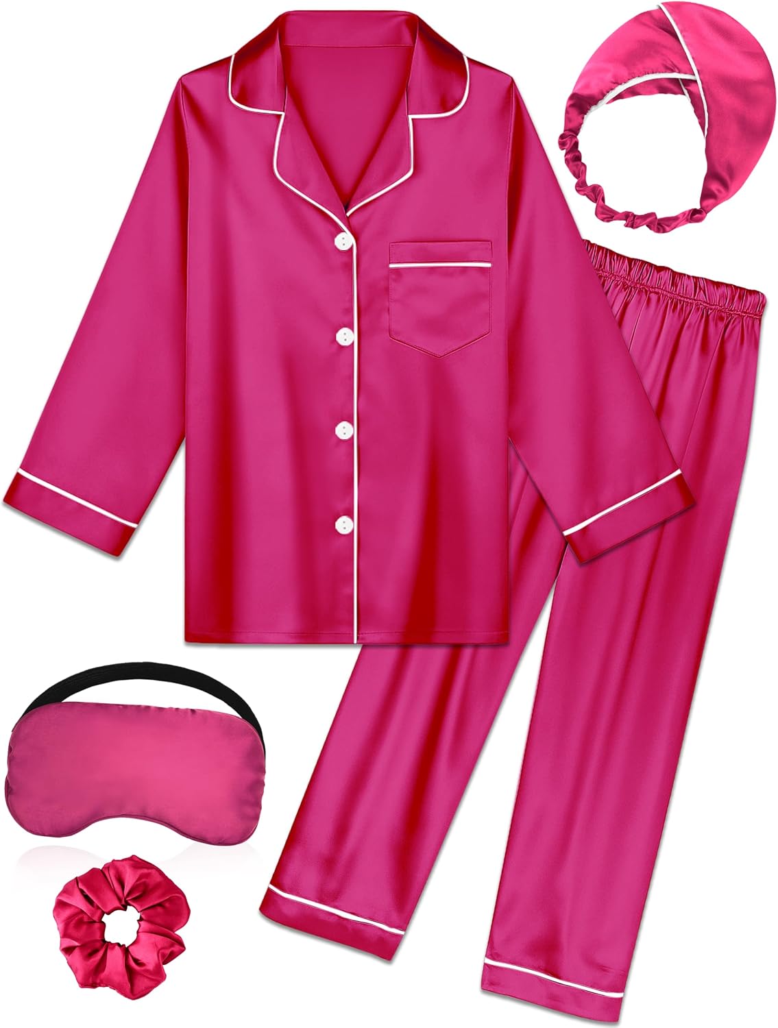 Detalle de ALHAVONE Kids Satin Pajama Set, Long-Sleeve Button-Down Top, Sizes 5–12 Years