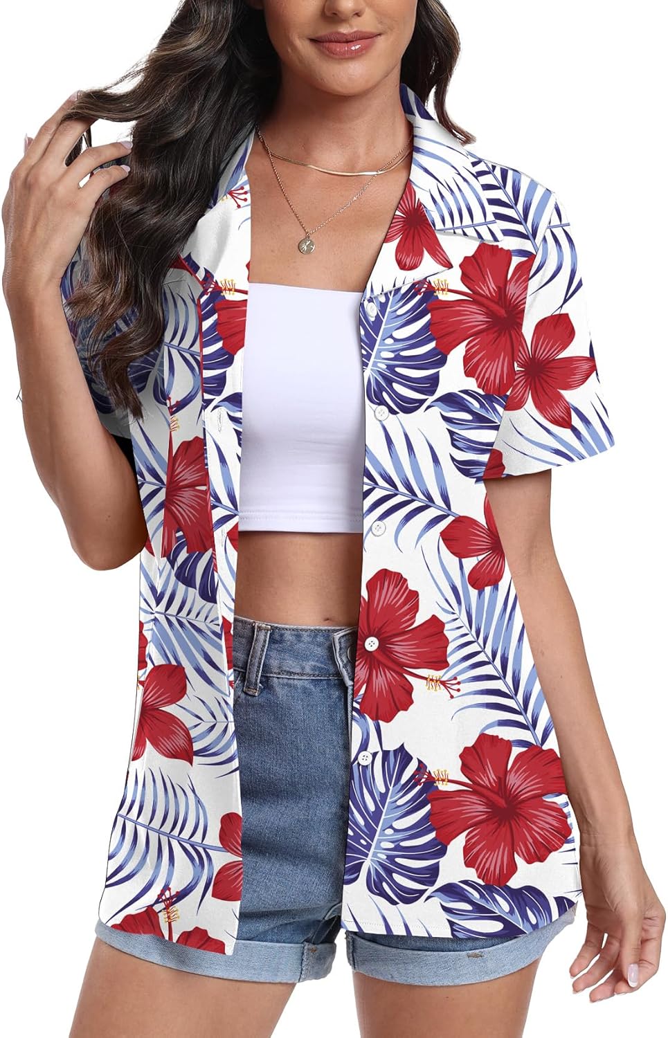 Thumbnail 5 de YUNDAI Women's Hawaiian Short Sleeve Button-Down Shirt with Floral Tropic Print
