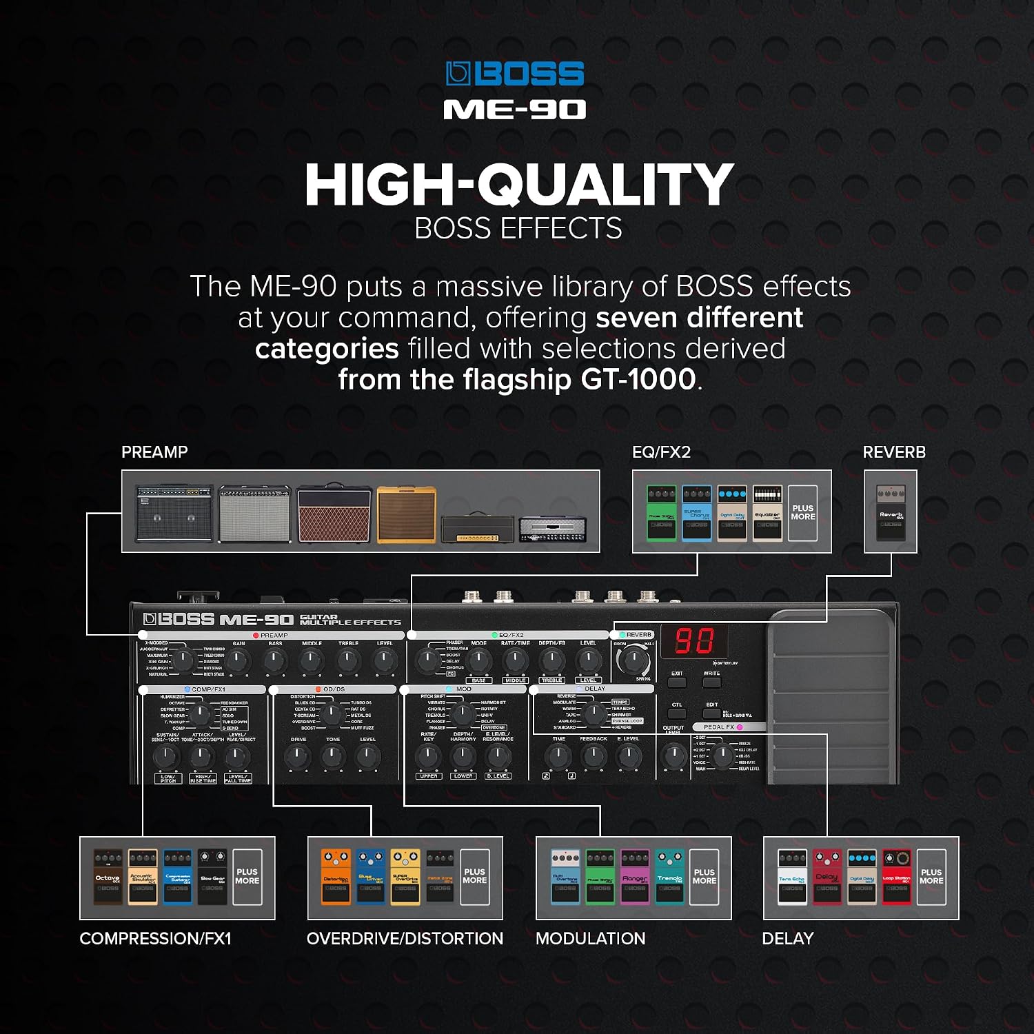Detalle 2 de BOSS ME-90 Guitar Multi-Effects Processor with 11 AIRD Amps and 60 Effects