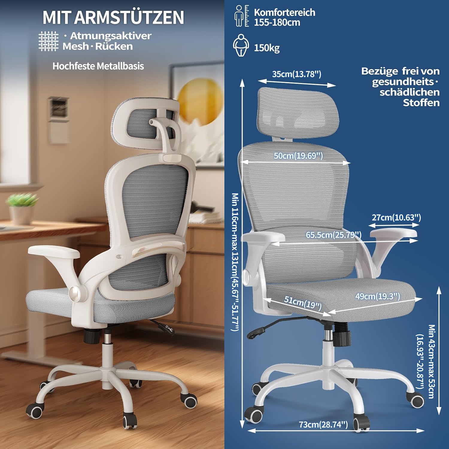 Detalle de TRALT Ergonomischer Bürostuhl – verstellbare Kopfstütze, 150 kg Tragkraft und atmungsaktives Netzdesign