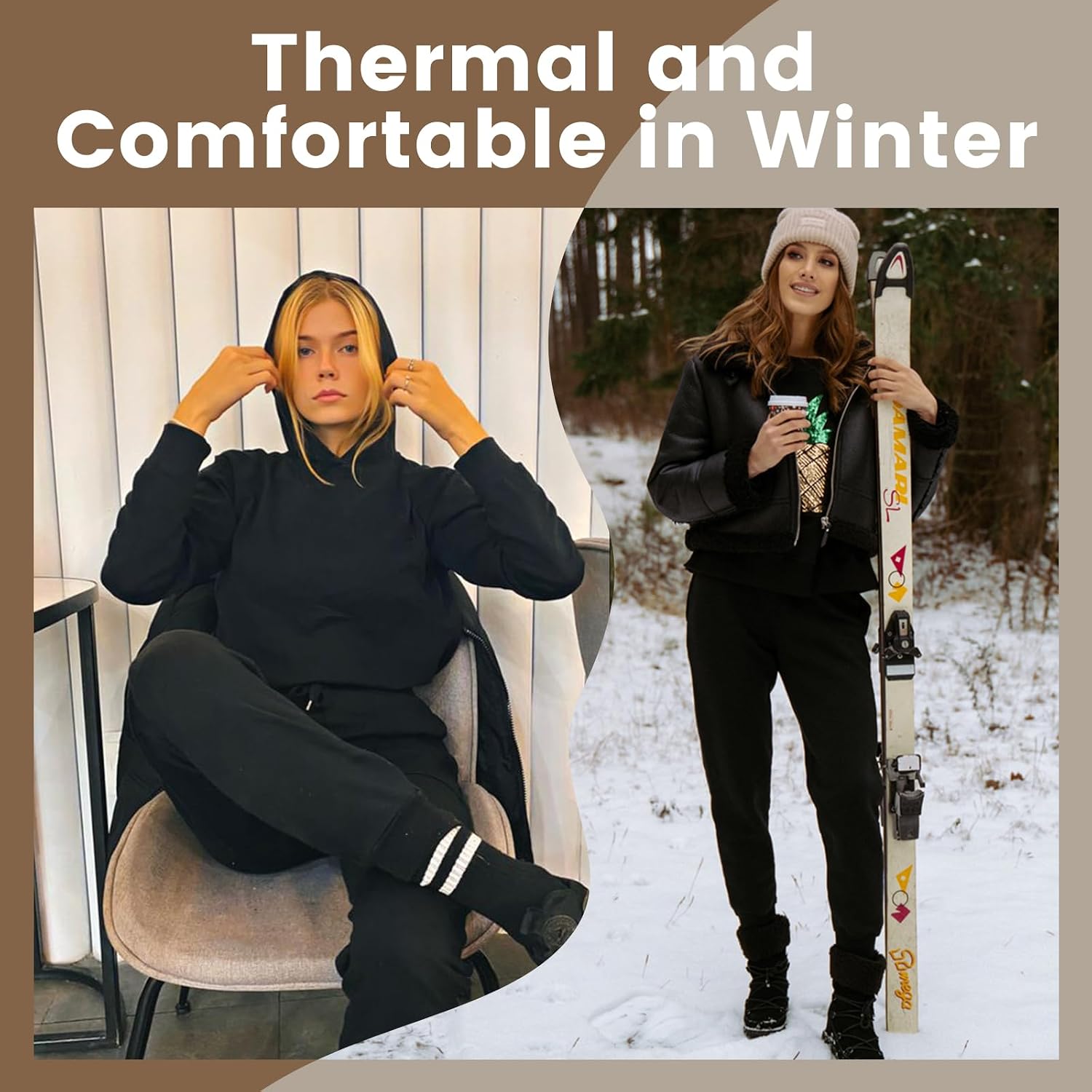Detalle de CAMPSNAIL Fleece-Lined Women's Joggers, High-Waisted with Pockets, Black