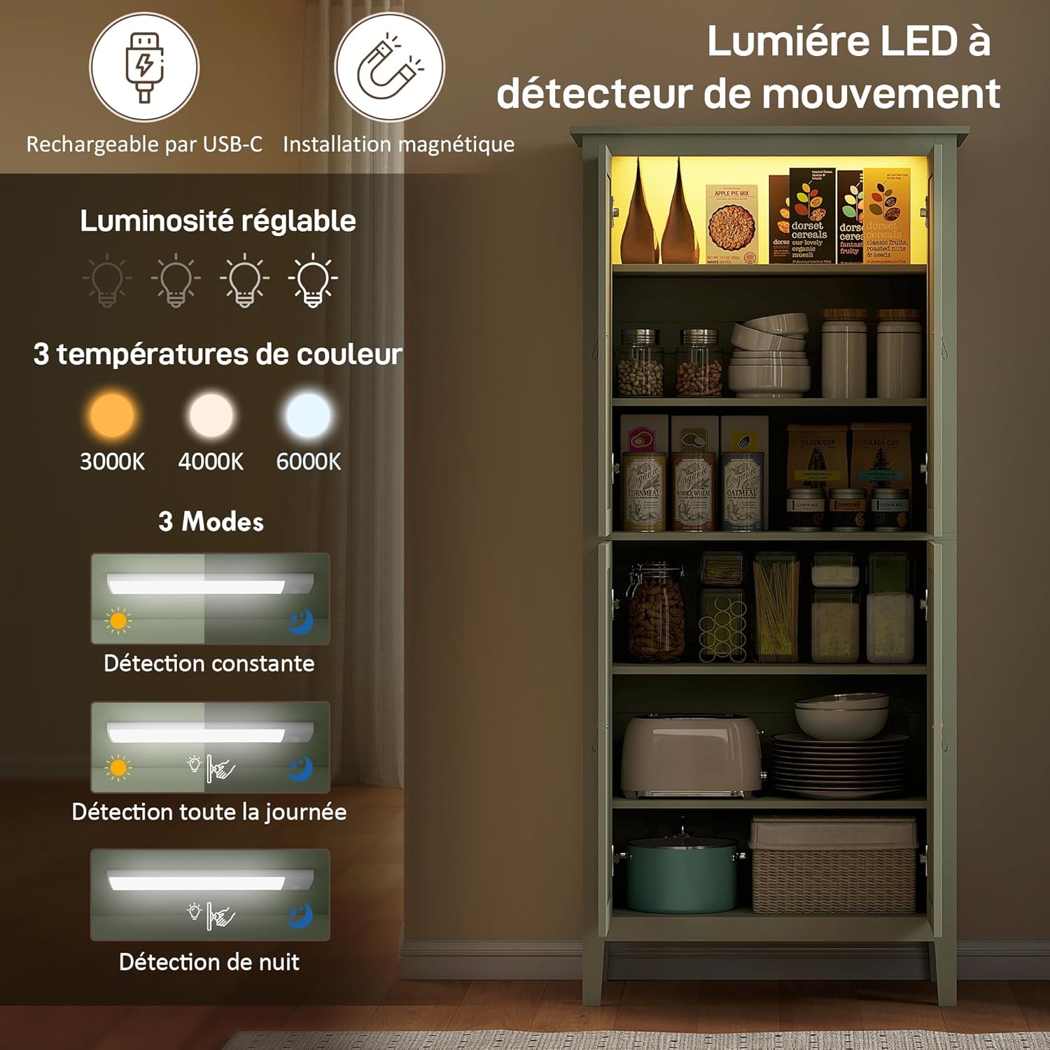 Thumbnail 3 de HOMCOM Buffet Cuisine avec LED réglable et détecteur de Mouvement – Rangement haute capacité 80 × 40 × 176,5 cm, Vert