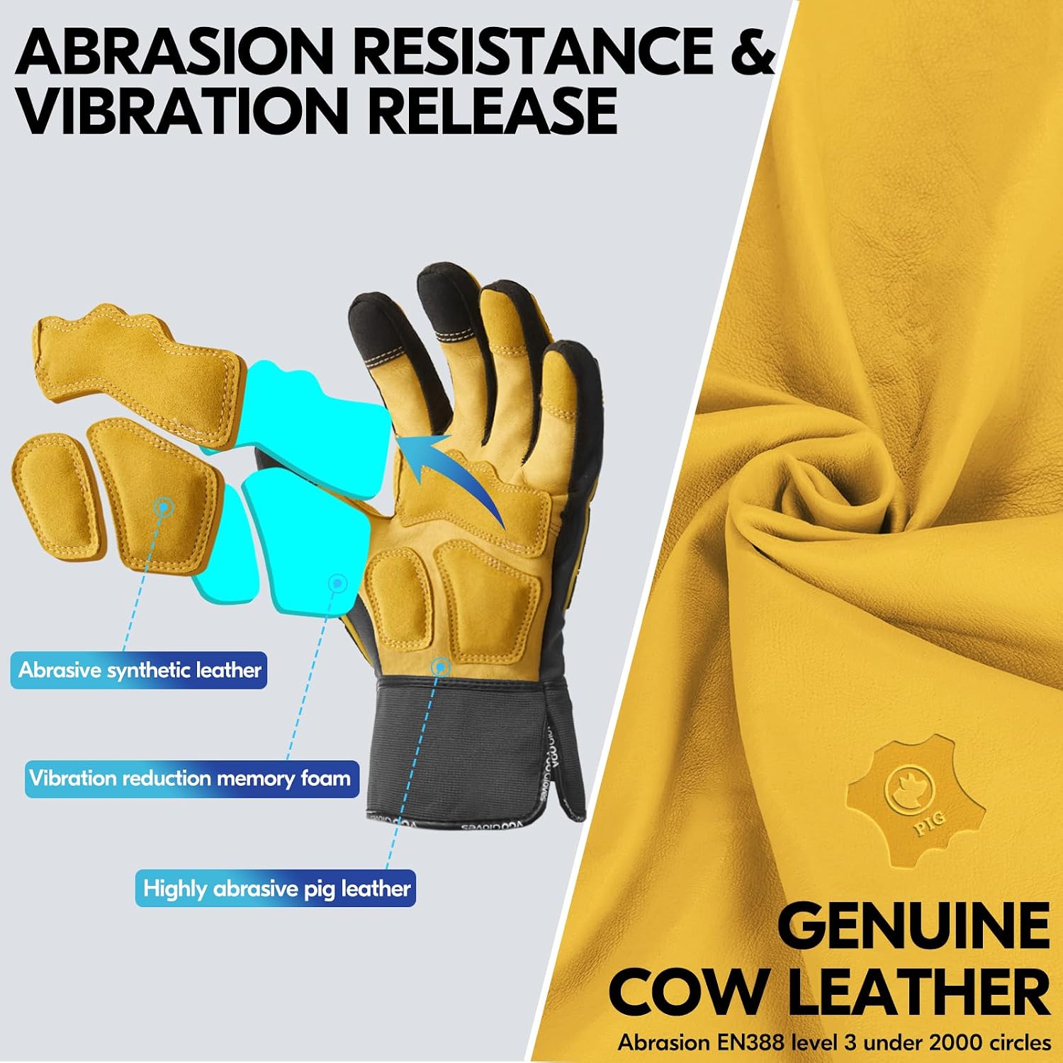 Thumbnail 2 de Vgo... Work Gloves Anti Impact Cowhide Touchscreen: Heavy-Duty Utility Gloves for Construction, Warehousing and More