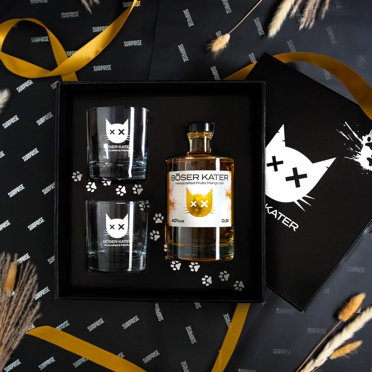Detalle de BÖSER KATER Fruity Mango Gin Geschenkset (0,5 l, 40% Vol.) mit 2 Gläsern