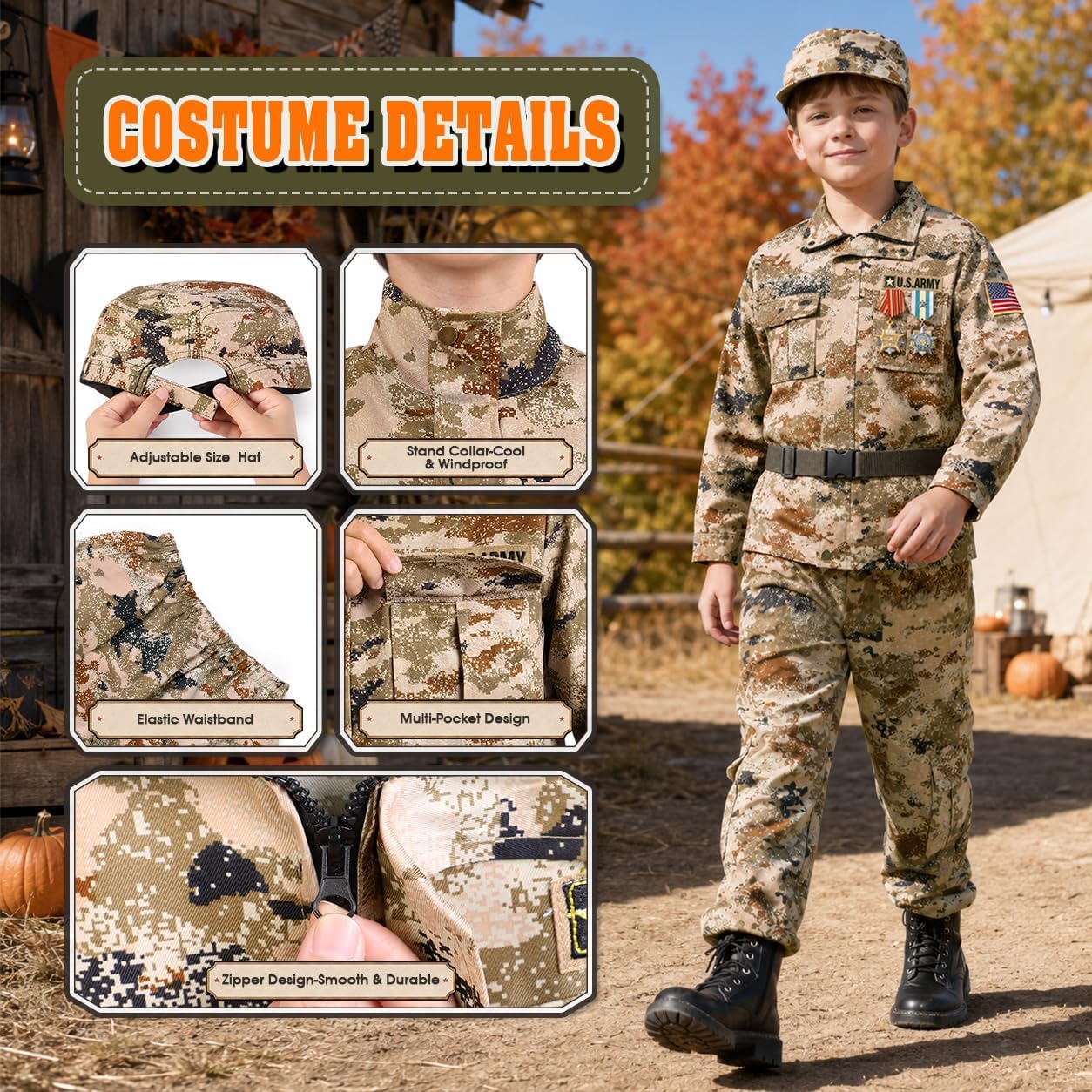 Thumbnail 3 de Metemot 10-Piece Kids Army Costume with Sound-and-Light Toys, Khaki Camo