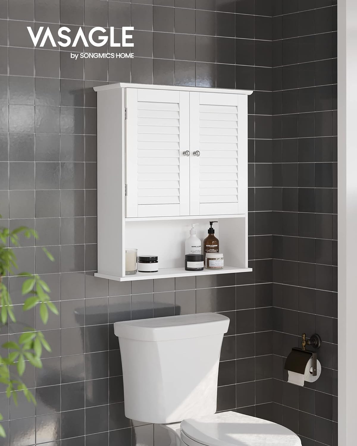 Detalle 2 de VASAGLE Armadietto da Muro BBC27WT - Mobiletto da bagno con ante a persiana e ripiano regolabile