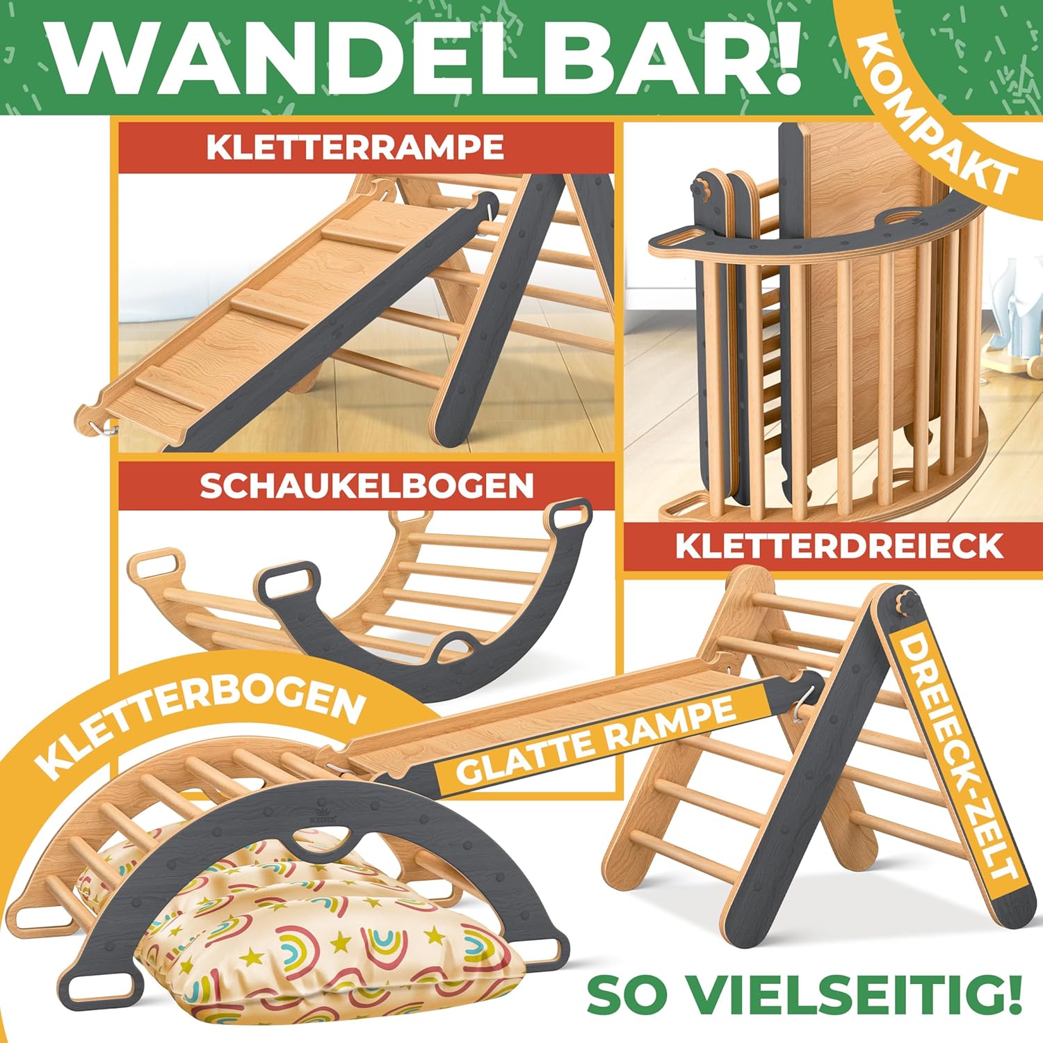 Detalle 2 de Kidiz 7in1 Klettergerüst Montessori – Indoor Spielset aus Holz für Kleinkinder ab 1 Jahr