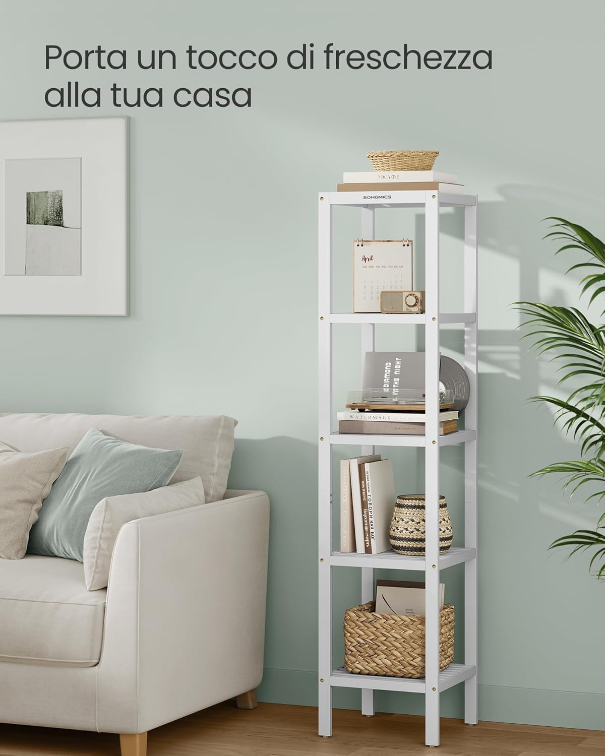 Thumbnail 5 de SONGMICS Scaffale da bagno in bambù bianco nuvola BCB055W01, stretto ad angolo con 5 ripiani