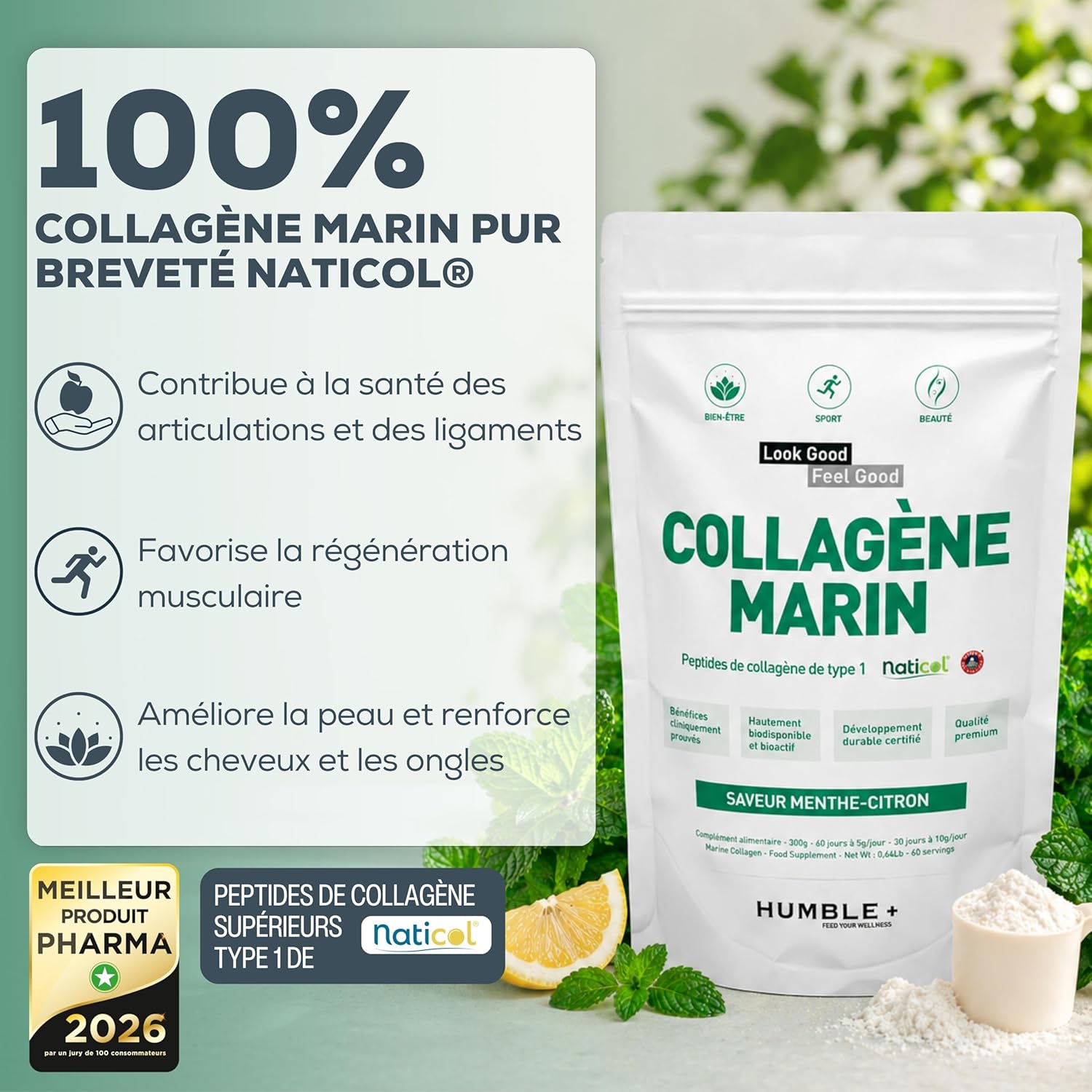 Detalle de Collagène Marin Naticol® en poudre – Menthe-Citron, 300 g (60 doses) — Fabriqué en France, pour peau, articulations et récupération musculaire
