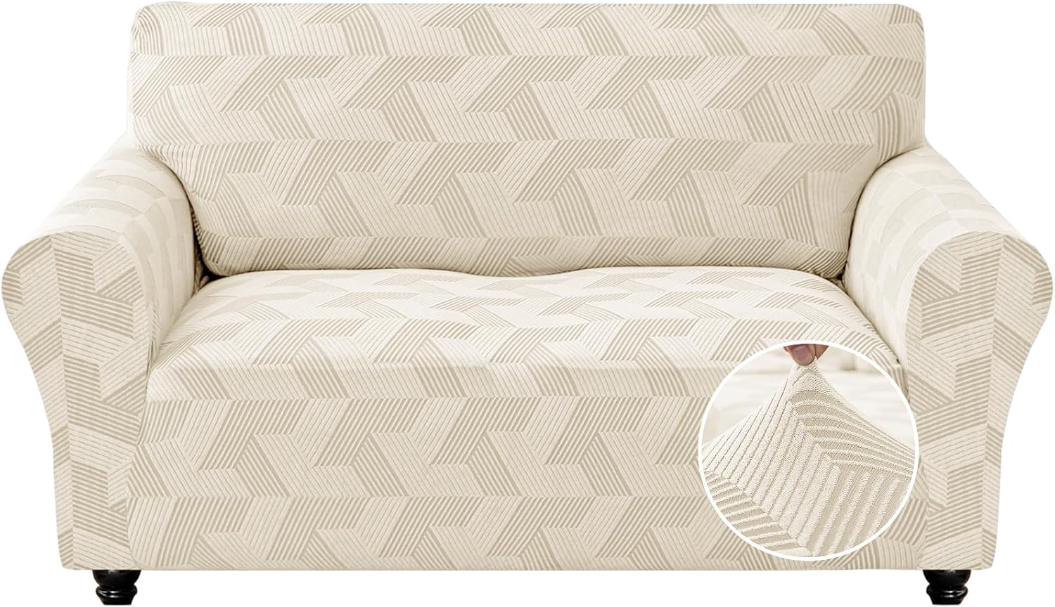 Detalle de JIVINER Beige Loveseat Cover, Stretch Geometric Jacquard with Elastic Bottom