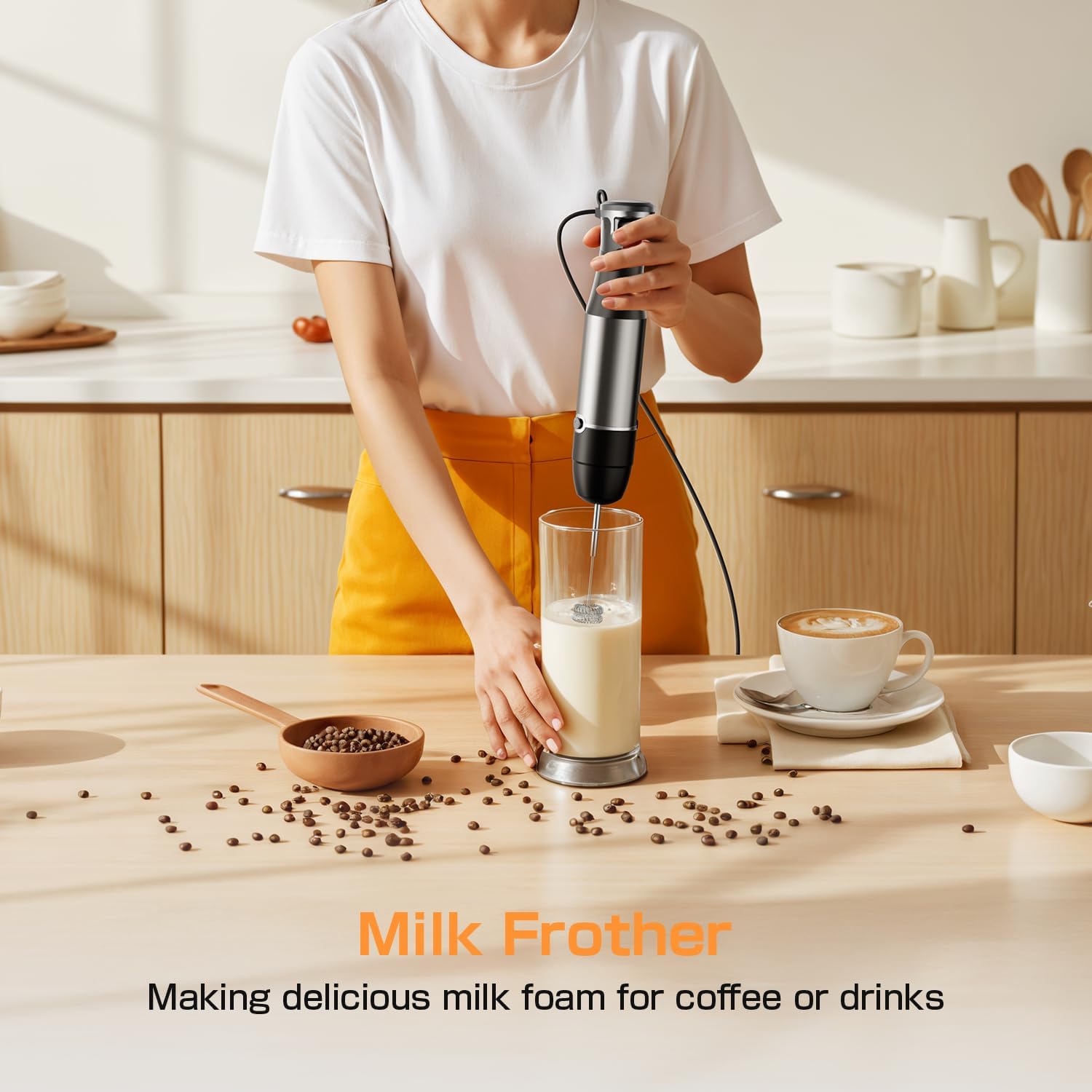 Detalle de Turelar Immersion Blender Handheld 1100W – 3-in-1 Set with Trigger Speed Control, Whisk, and Milk Frother