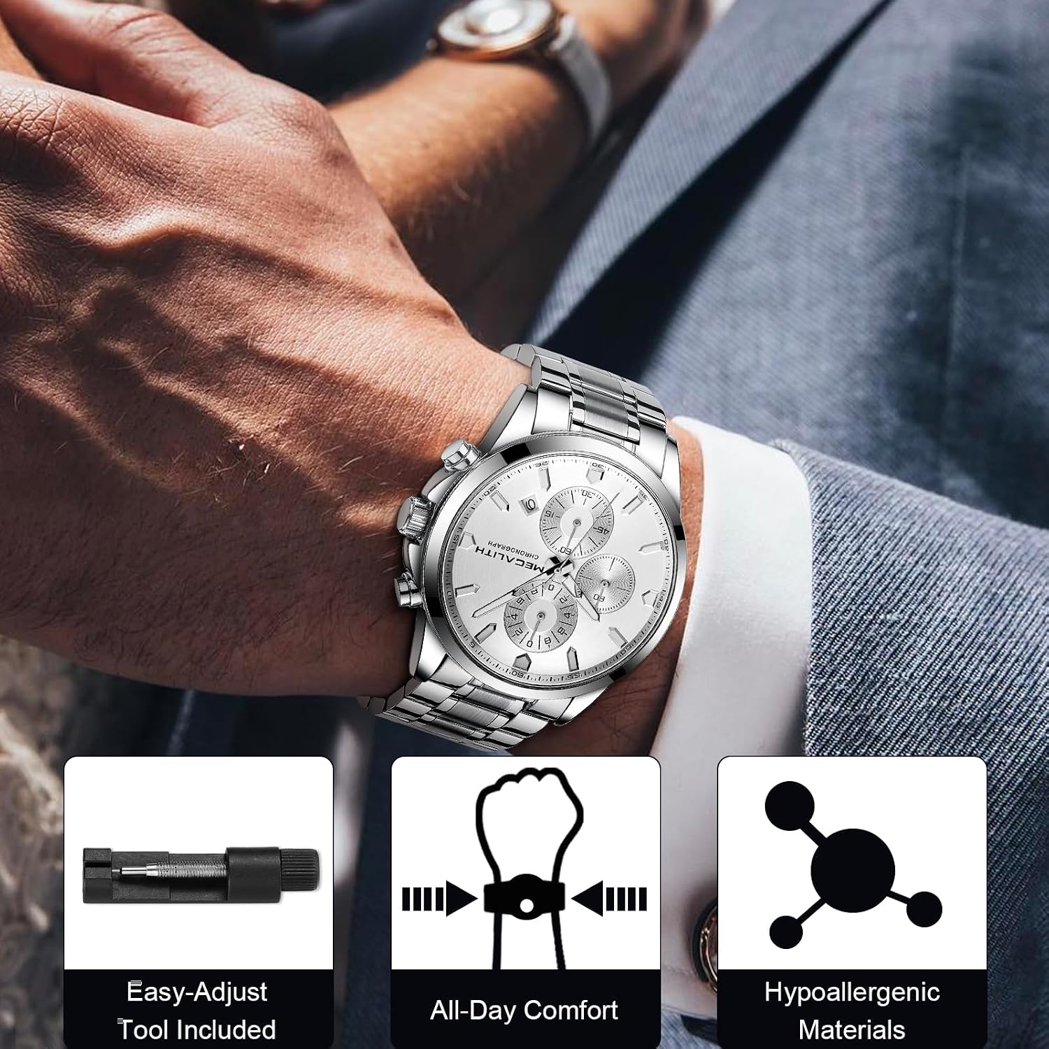 Detalle de MEGALITH Herren Armbanduhr Edelstahl – Analoger Quarz mit Datum, Leuchteffekt und 3ATM Wasserdicht