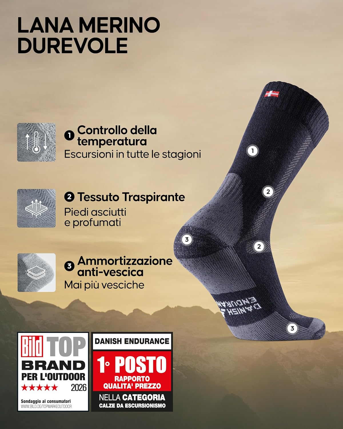 Thumbnail 1 de Calze trekking DANISH ENDURANCE in lana merino con effetto anti-vesciche (uomo, donna, bambino) 3 o 5 paia