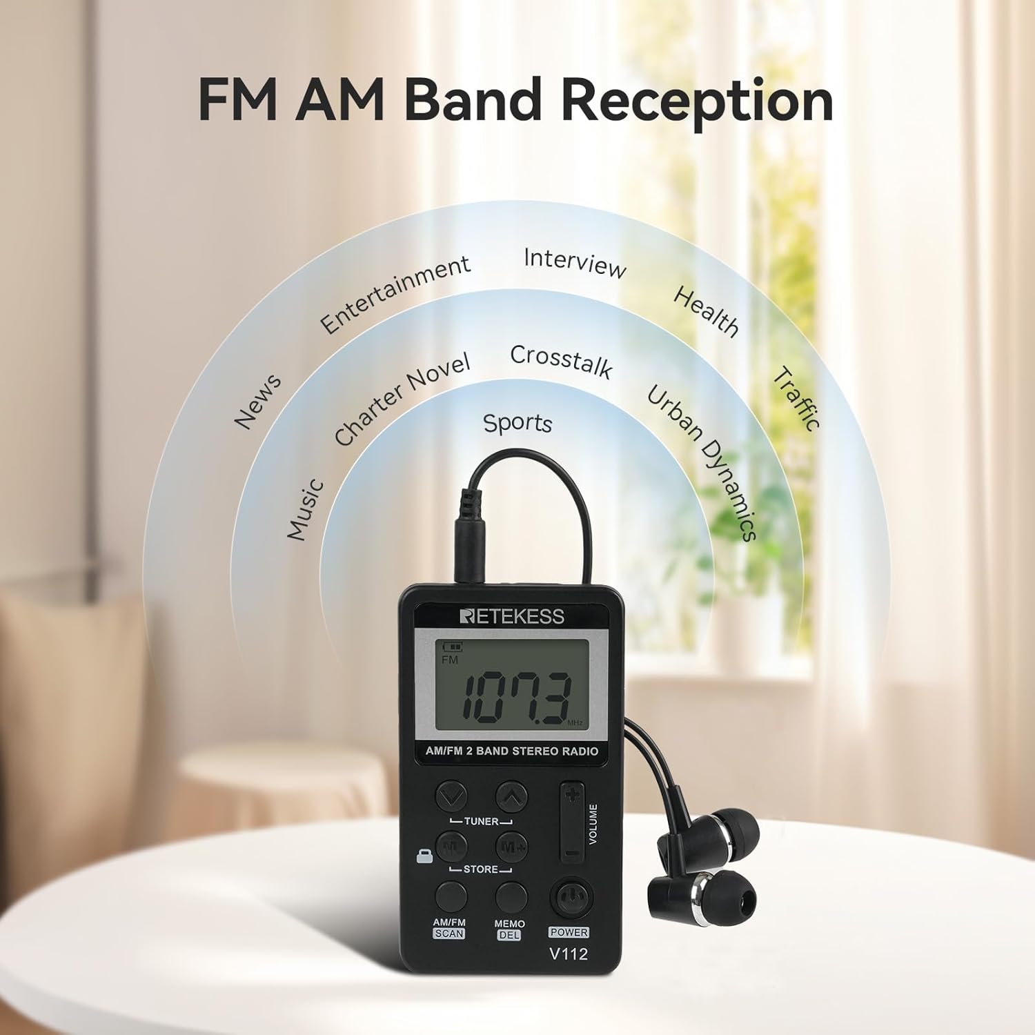 Detalle de Retekess V112 miniradio portatile ricaricabile con cuffie (AM/FM, Nero)